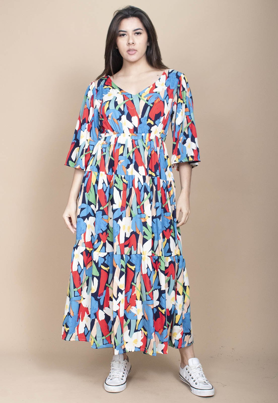 Vestido Longo Cabanafree Plano com Manga e Camadas Estampa Floresce