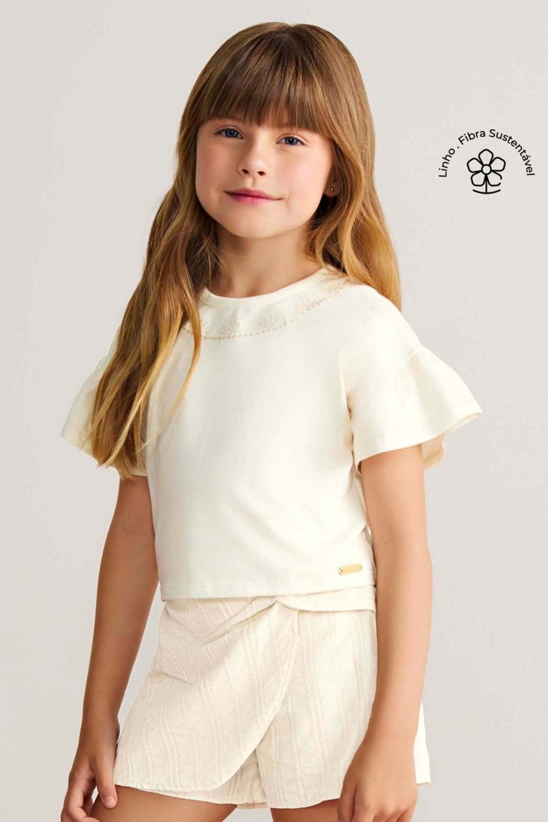Infantil - Conjunto Menina Gola Bordada Colorittá Bege