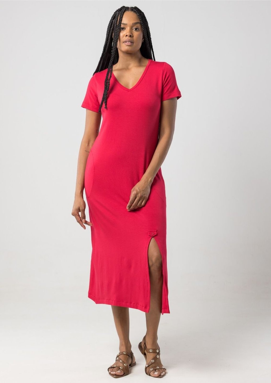 Vestido Midi Manga Curta Pau a Pique Vermelho VERMELHO – XL Pau a Pique