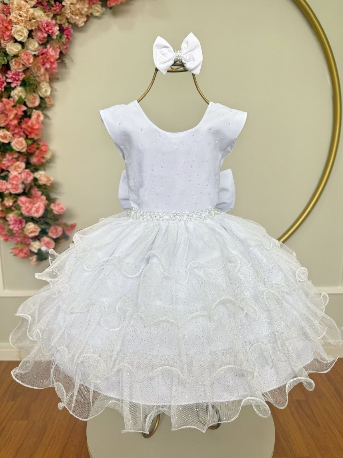 Infantil - Vestido Festa Branco Brilho Formatura Casamento Dama Daminha Social Menina Juvenil Pérolas Juvenil Princesa Rodado Florista Aniversário Luxo
