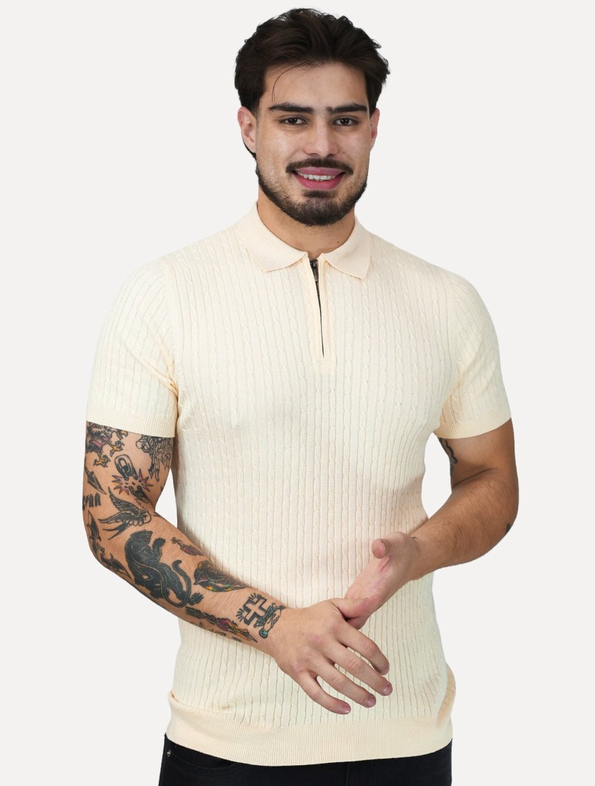 Tricô Dixen Manga Curta Gola Polo Ziper Creme