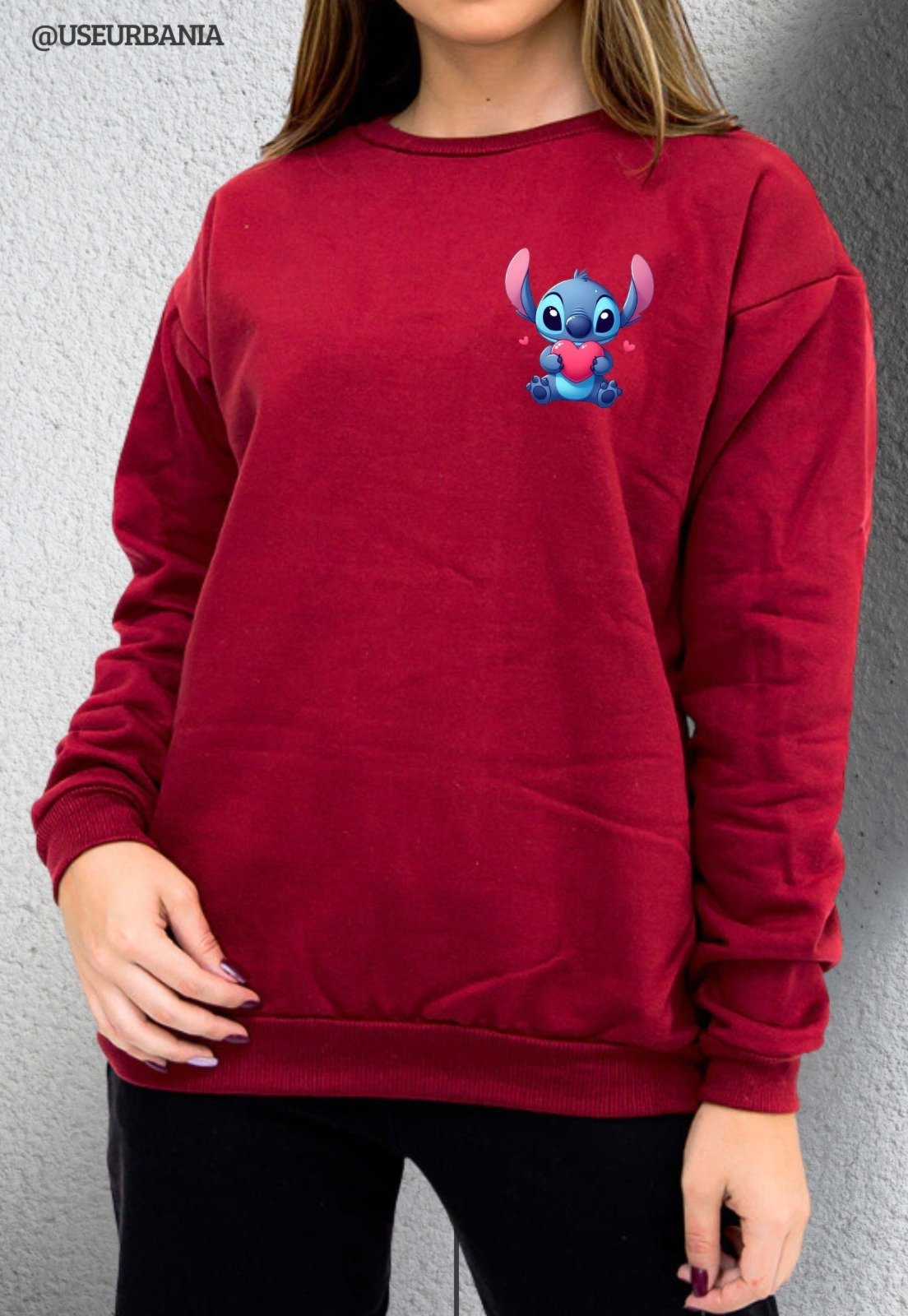 Blusa de Frio Moletom mooboo Flanelado Liso Gola Redonda Moleton urbania Clássico Gola Careca Casaco Blusão Premium Vermelho Escuro Vinho Bordo Marsala estampa Stitch coração
