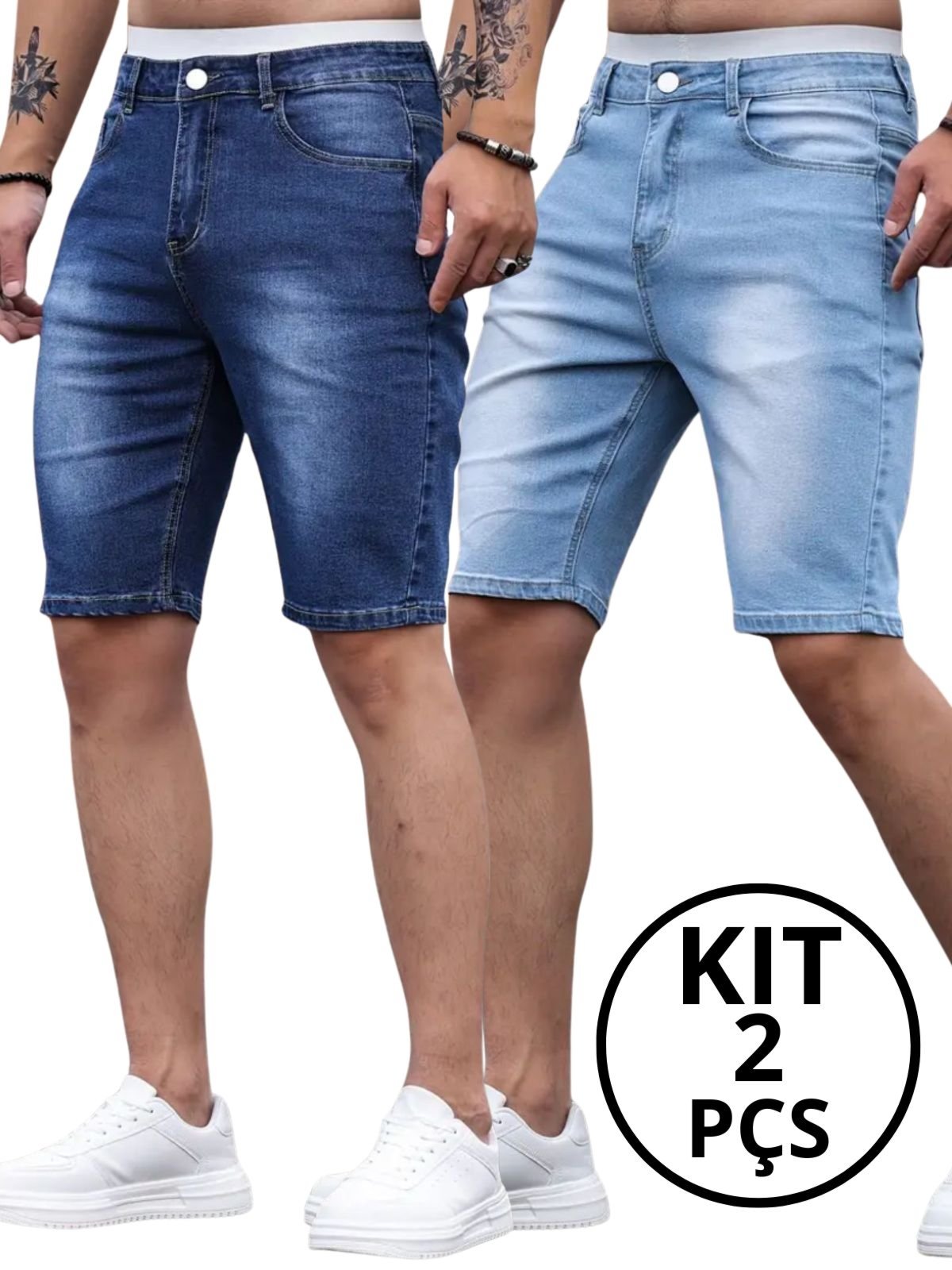 Kit 2 Bermudas Jeans Masculina Kovali Skinny Com Elastano Moderna Conforto E Estilo Clara e Escura