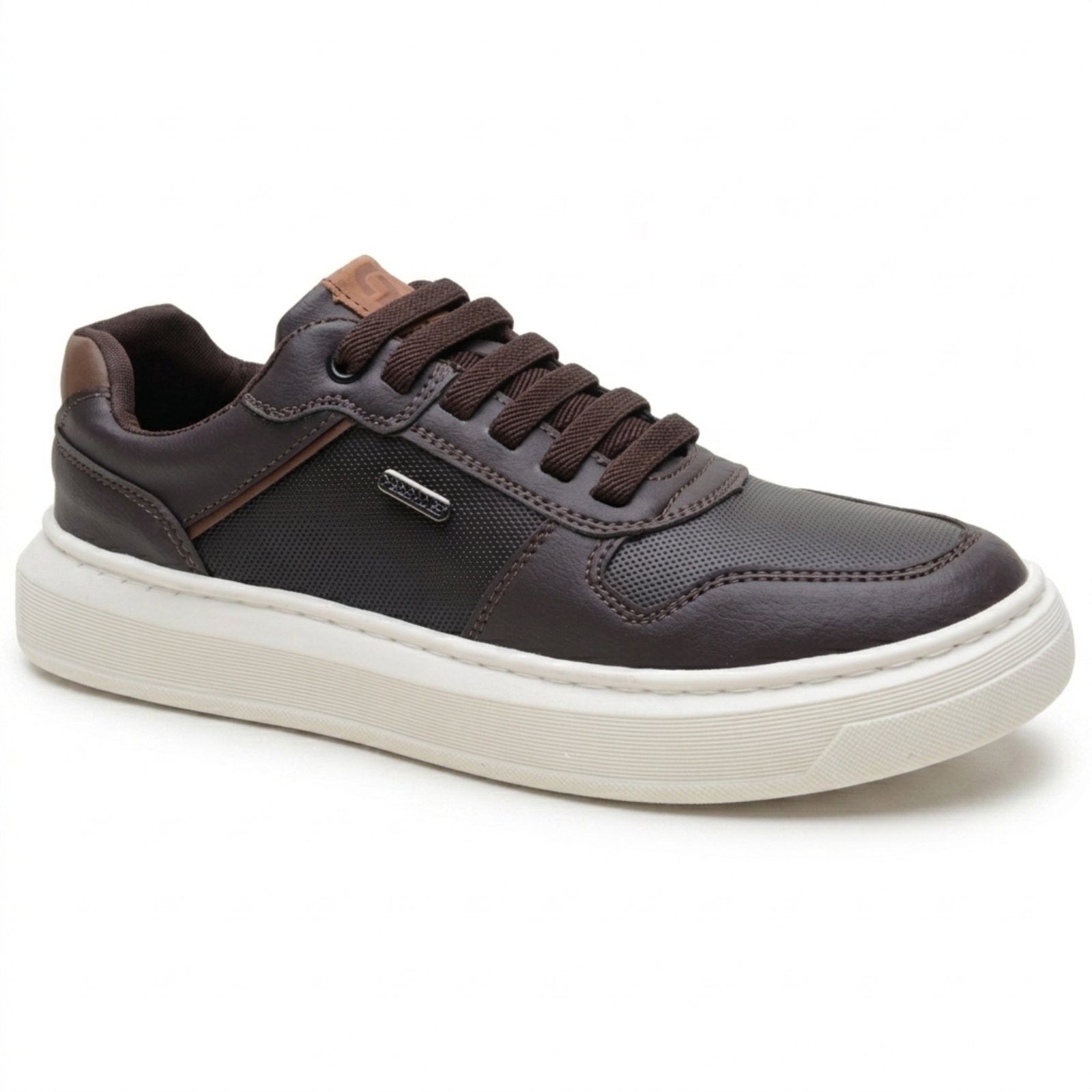 Tênis Sapatênis Masculino Miuzzi Casual Clássico Para Trabalho Dia a Dia Com Solado Branco Alto Plataforma Com Cadarço Marrom