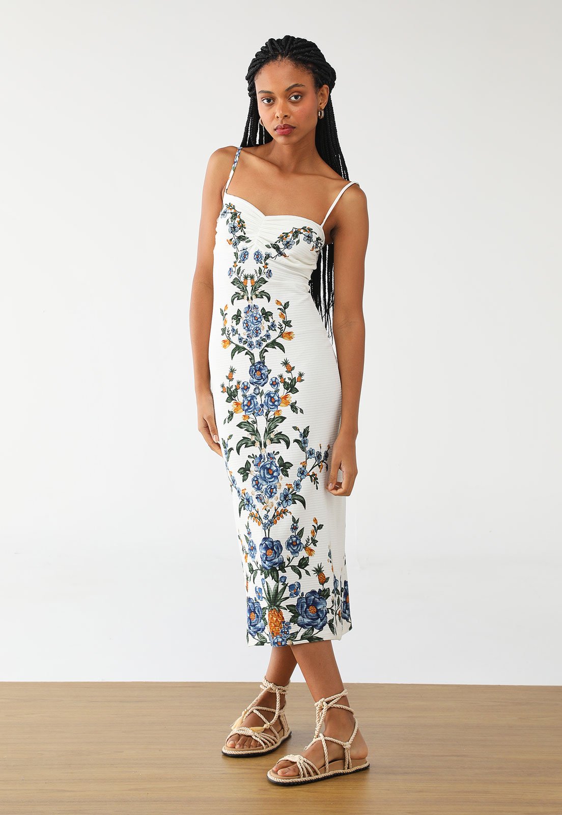 Vestido Canelado FARM Midi Floral Penelope Branco