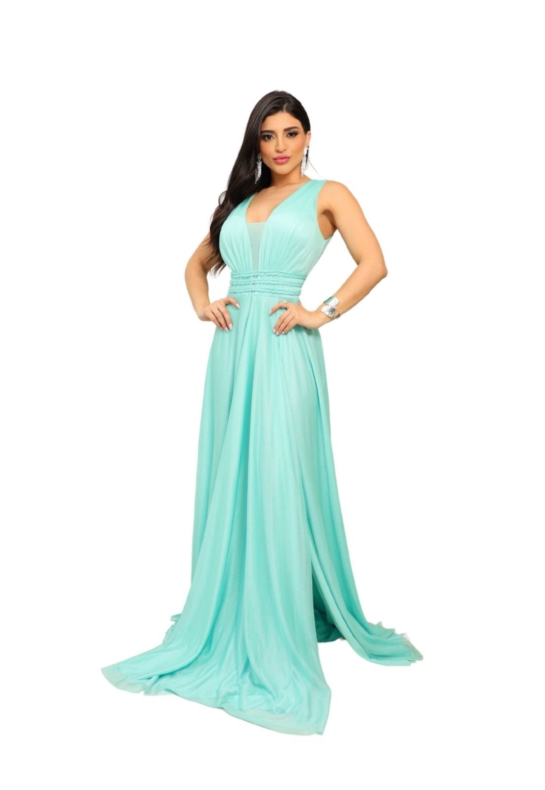 Vista 2 Vestido Longo de Festa Madrinhas Decote em V Micro tule com Brilho Felicia Menta Cia do Vestido verde Cia do Vestido verde