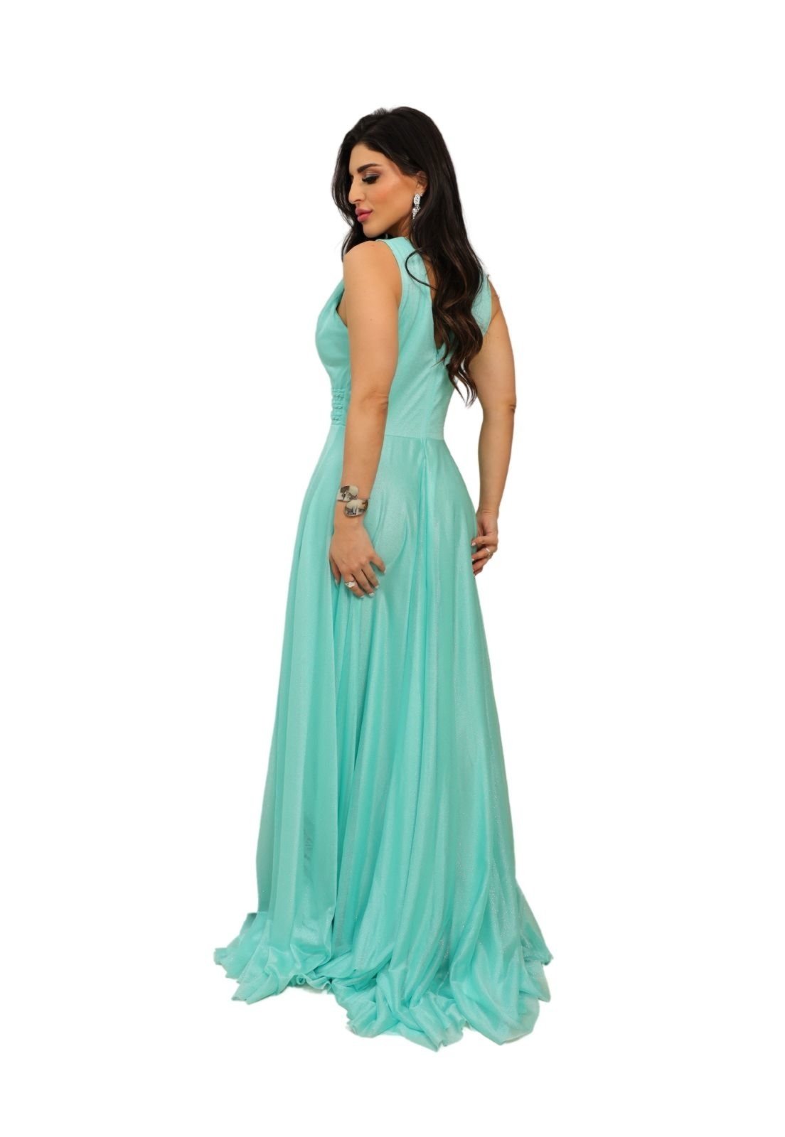 Vista 3 Vestido Longo de Festa Madrinhas Decote em V Micro tule com Brilho Felicia Menta Cia do Vestido verde Cia do Vestido verde