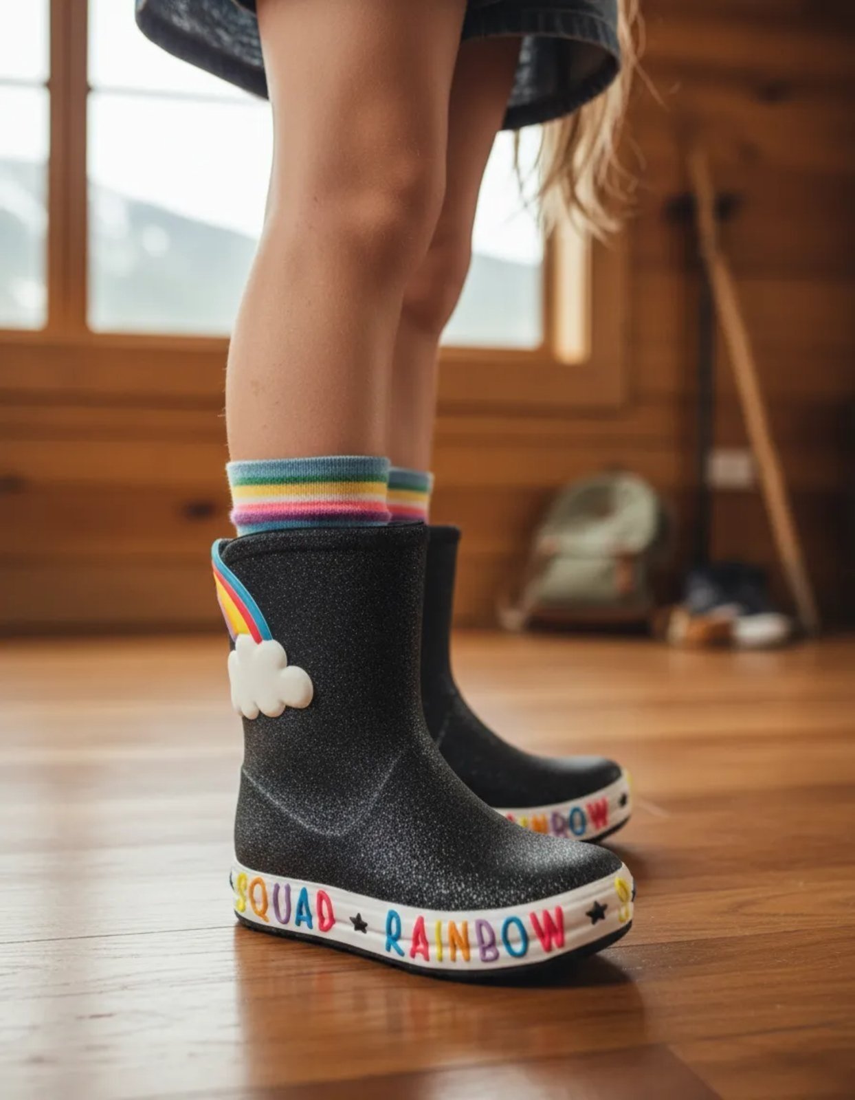 Infantil – Galocha Feminina Plugt Botinha Nuvem Arco Iris Gliter Preta