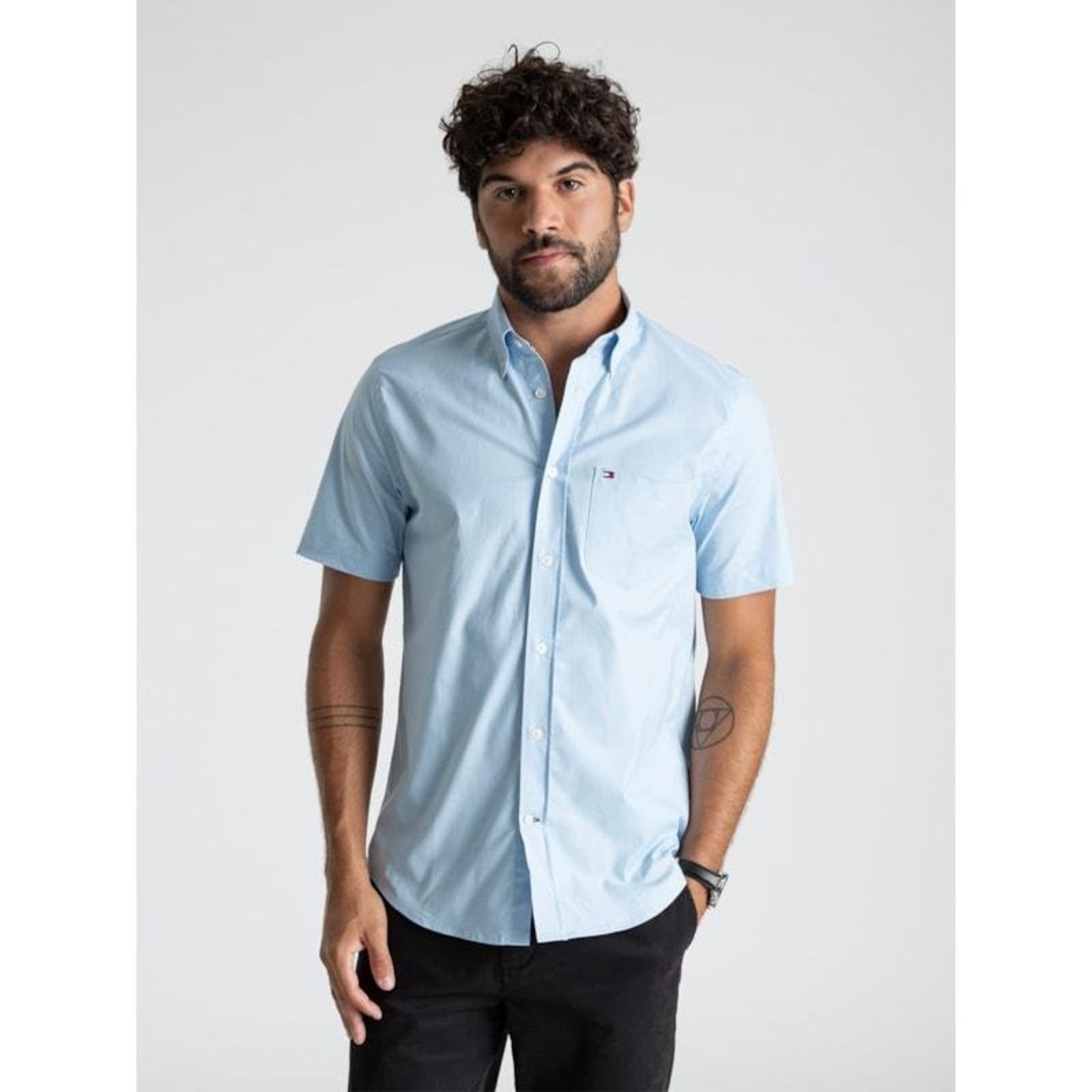 Camisa Oxford Light Manga Curta Azul Marinho