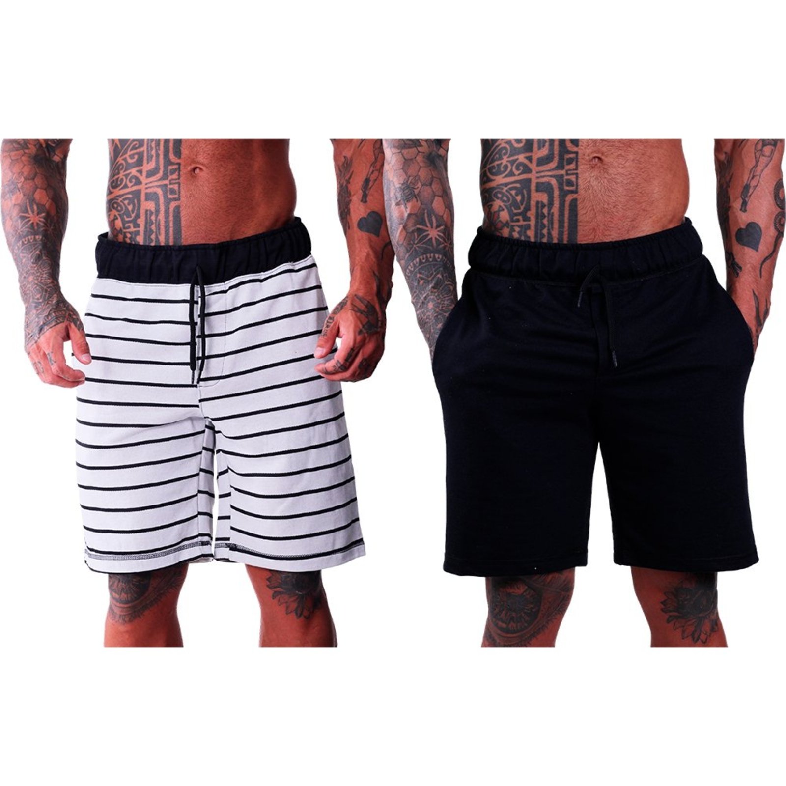 Kit 2 Bermuda Moletom e Moletinho MXD Conceito Academia Musculação Branco Listrado e Preto