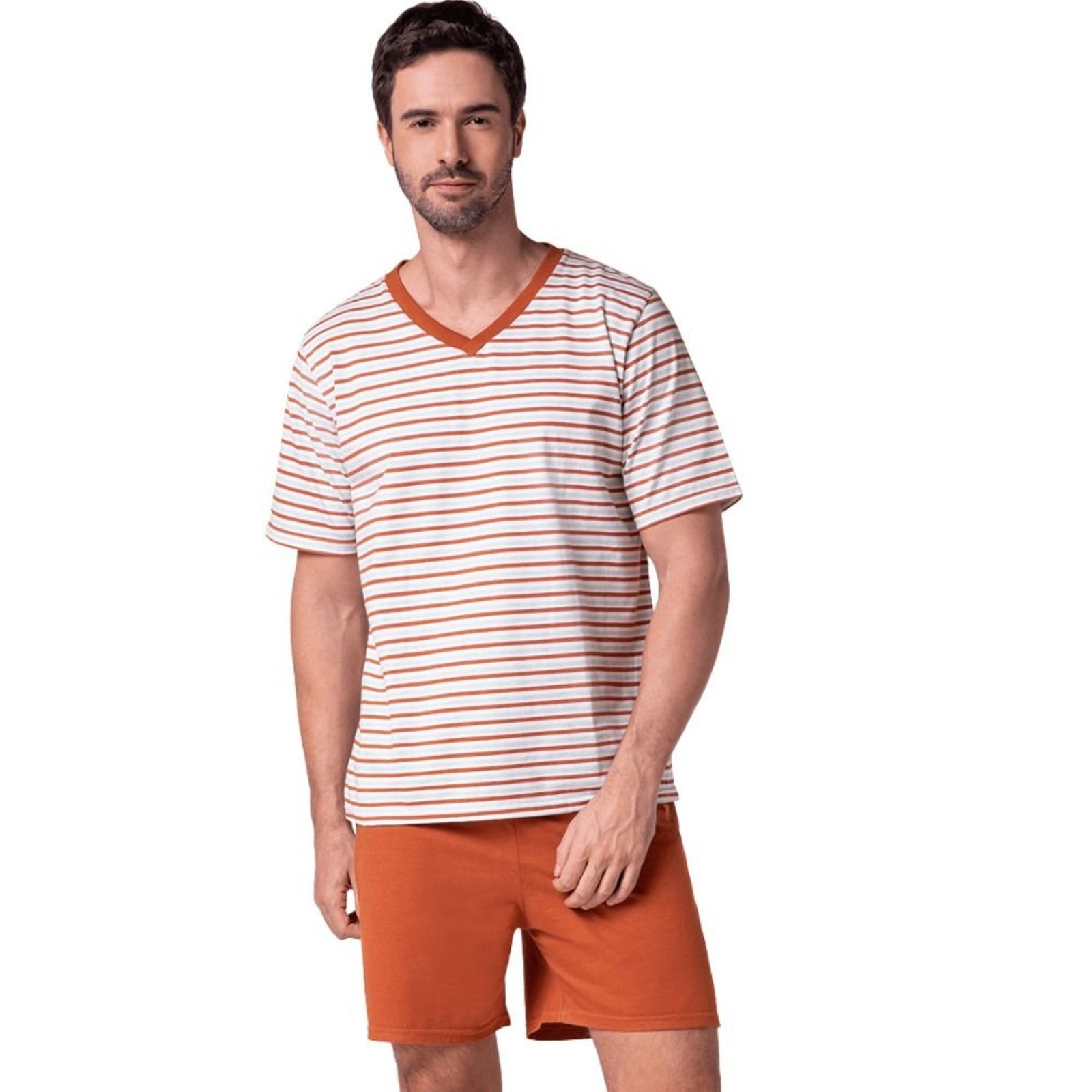 Pijama Curto Gola V Listrado Lupo Adulto Masculino 28021-001