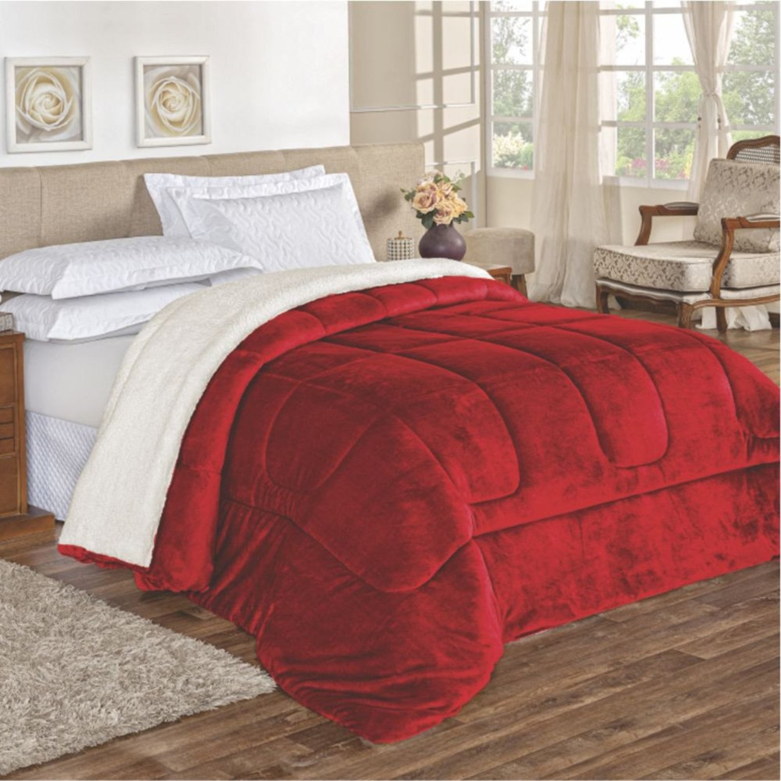 Edredom Coberdrom Esquimo Queen Sherpa Toque Lã Carneiro - Vermelho
