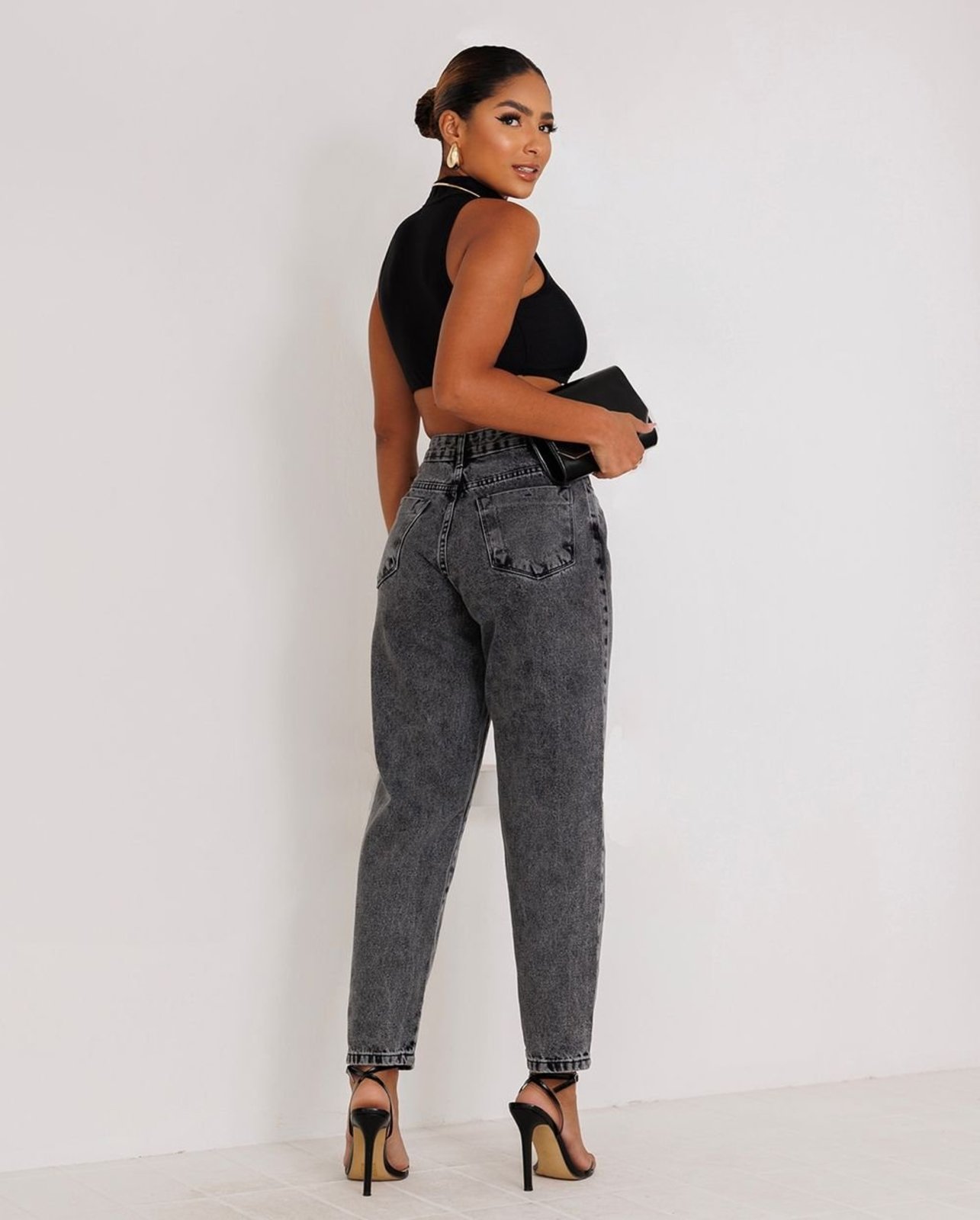 Vista 3 Calça Jeans Mom Feminina Cintura Alta Algodão 00101 Vintage Consciência cinza Consciência cinza