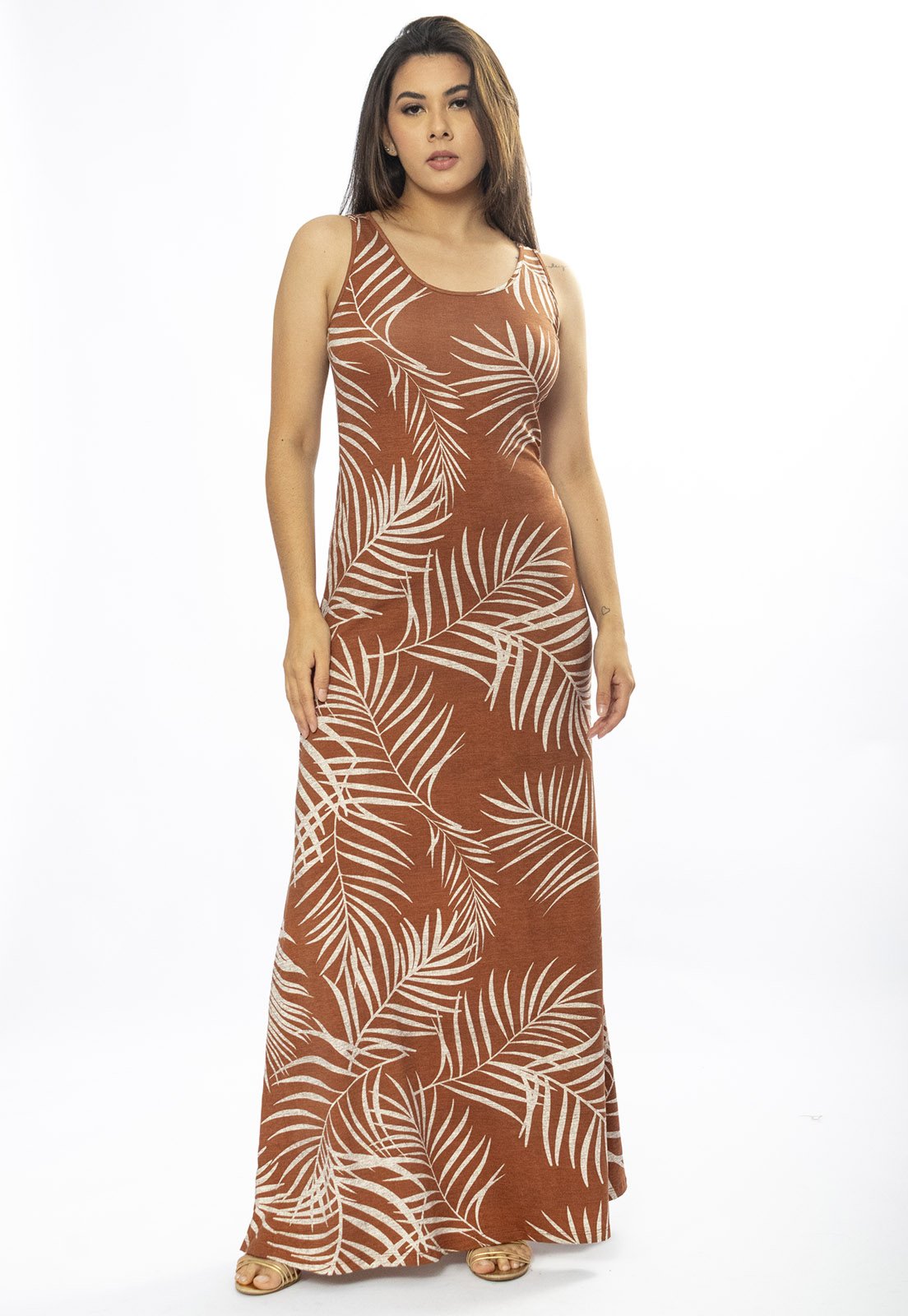 Vestido Longo Cabanafree Butiá Malha Regata Estampa Palmas da Terra