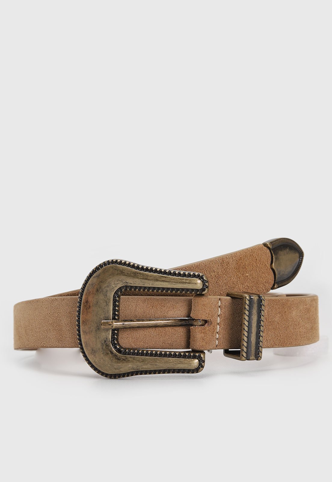 Cinto Luiza Barcelos Suede Ponta Cromada Bege