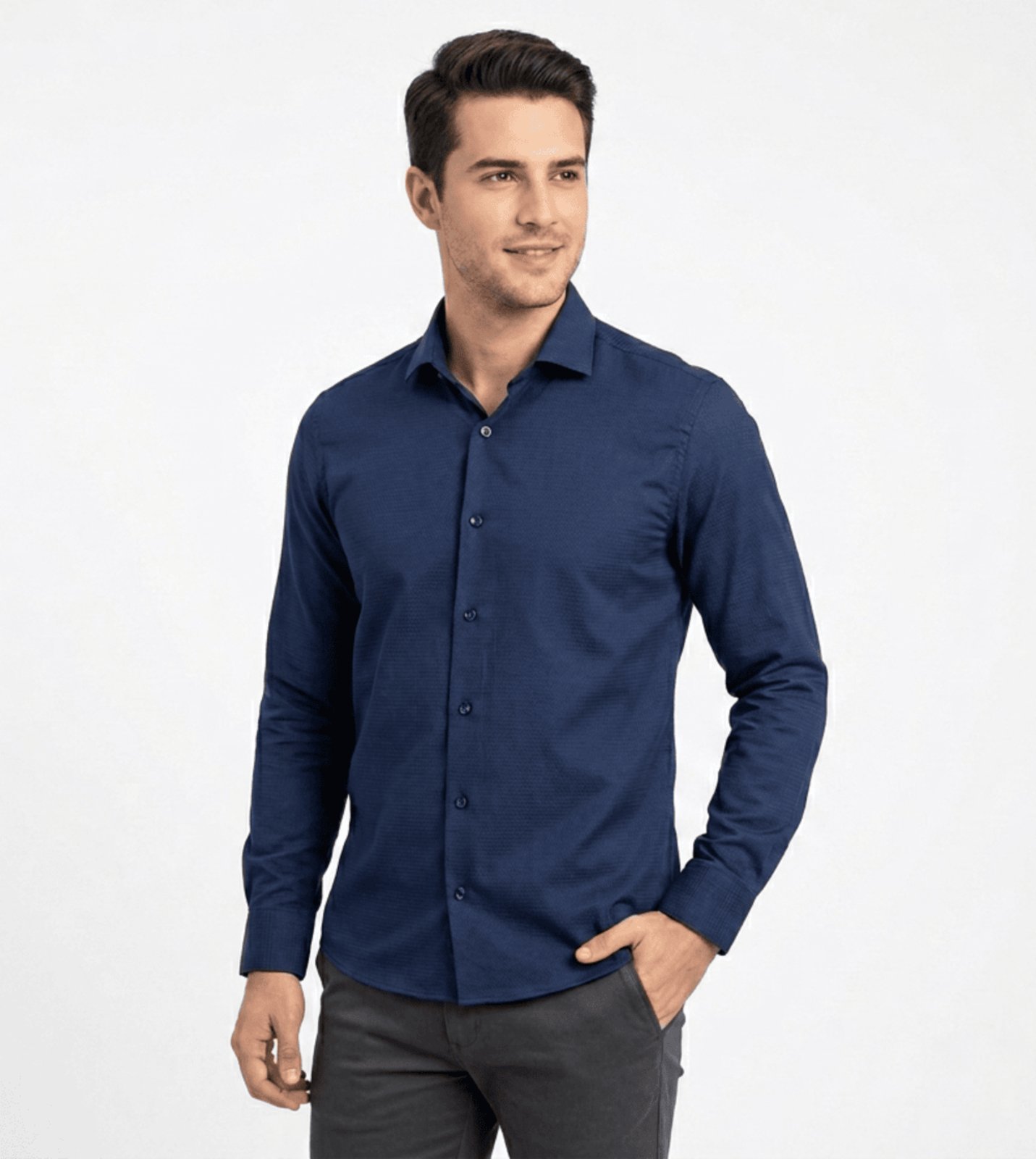 Camisa Social Amil Omastar Algodão Com Poliéster Macia Fácil de Passar Manga Longa Luxo Marinho
