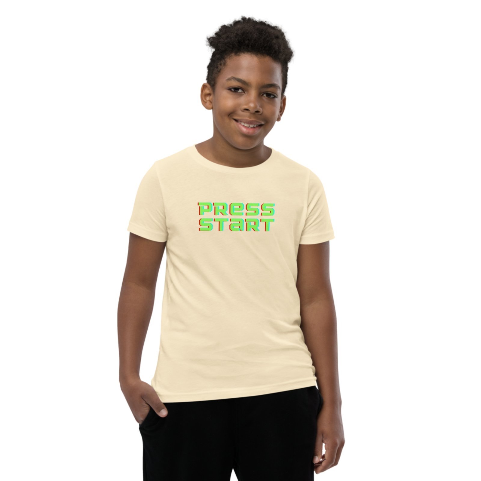 Infantil - Camiseta Blusa Manga Curta Urbania Algodão bege claro off white estampa press start