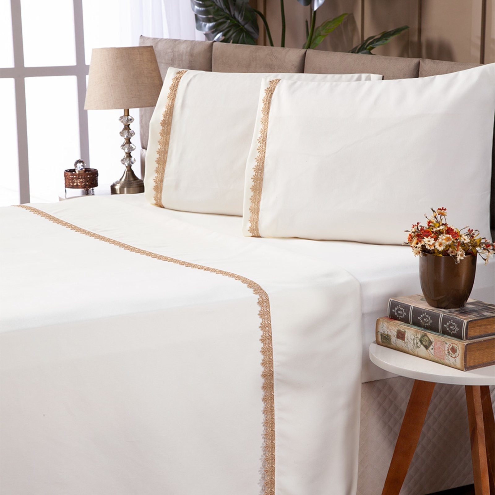 Jogo de Cama Premium 600 Fios Com Renda Guipir