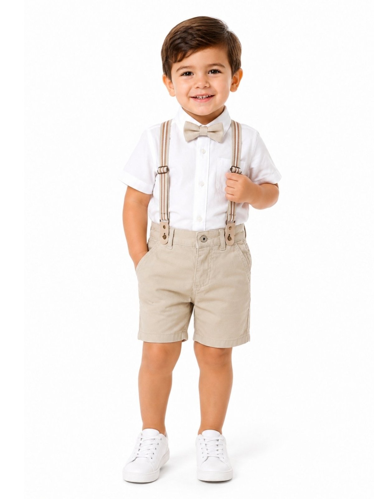 Infantil – Bermuda Sarja c/ Suspensório Menino Areia