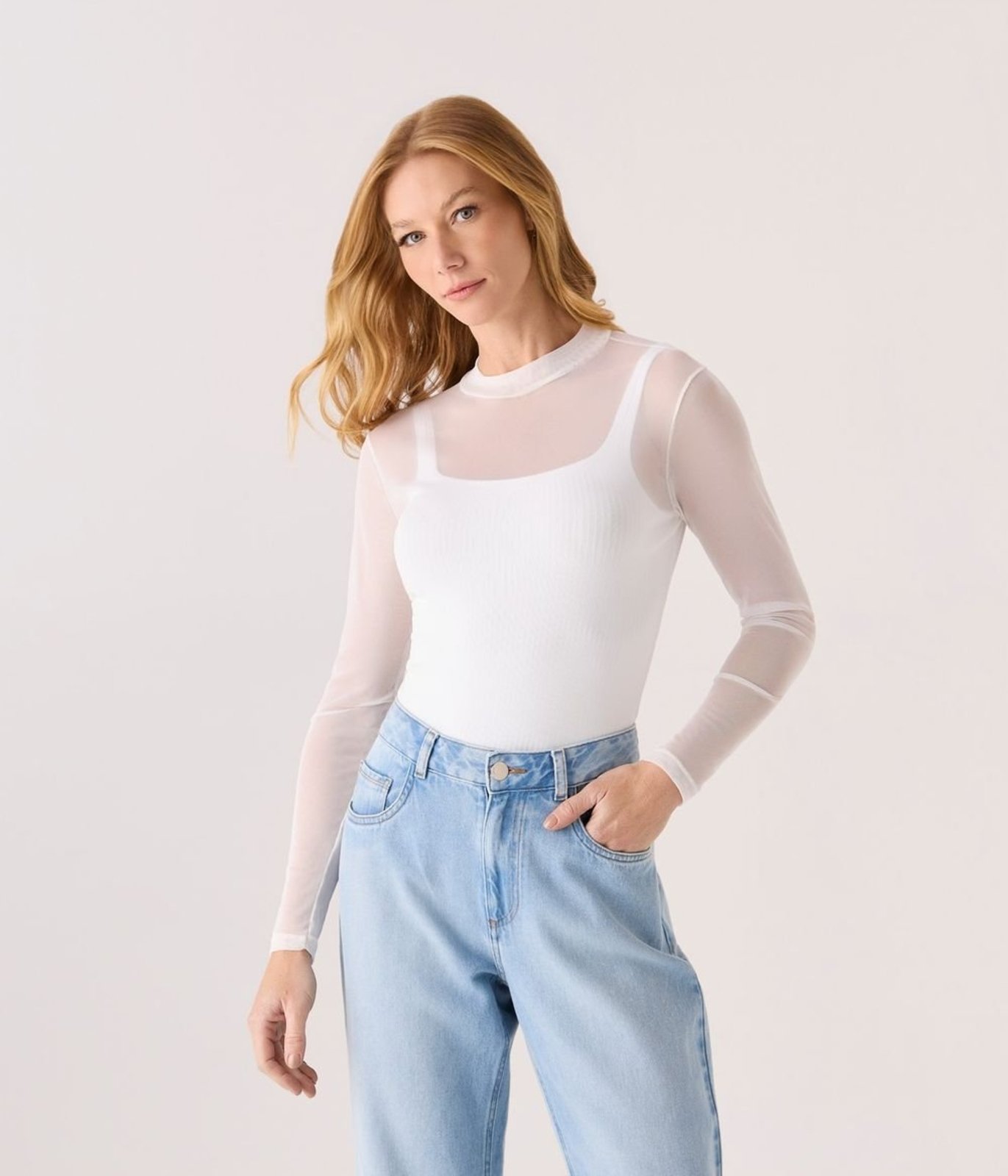 Blusa Makenji Basica Tule Liso Feminina Off White