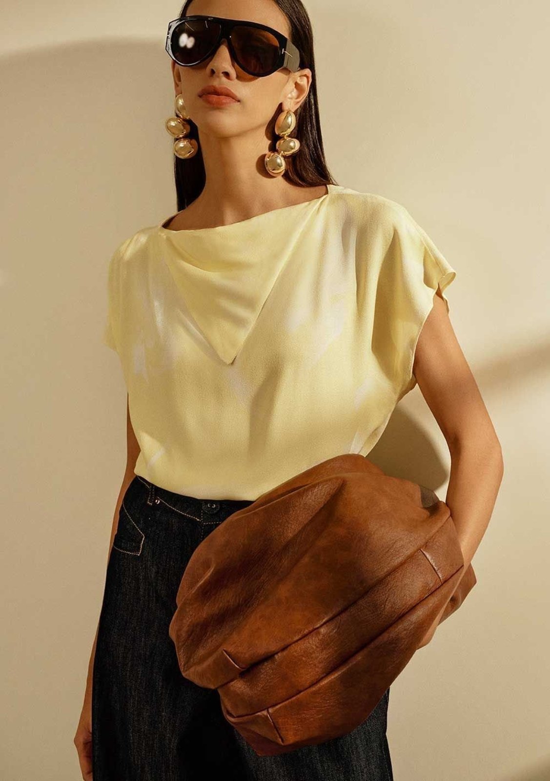 Blusa Iódice Solta Decote Reto Manga Curta Padrão - Amarelo