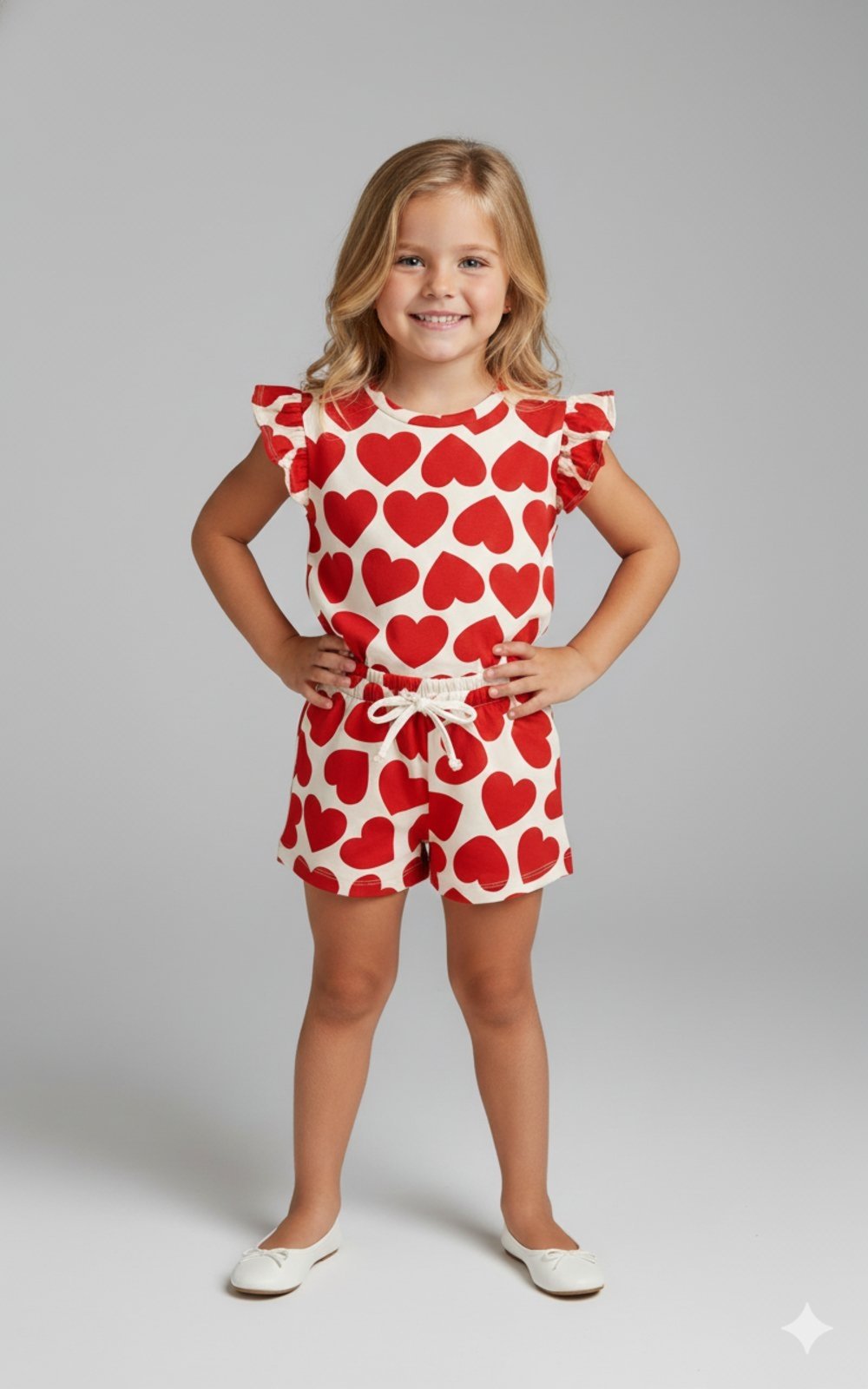 Infantil - Conjunto Cropped Verão Feminino Corações Vermelhos - Corações