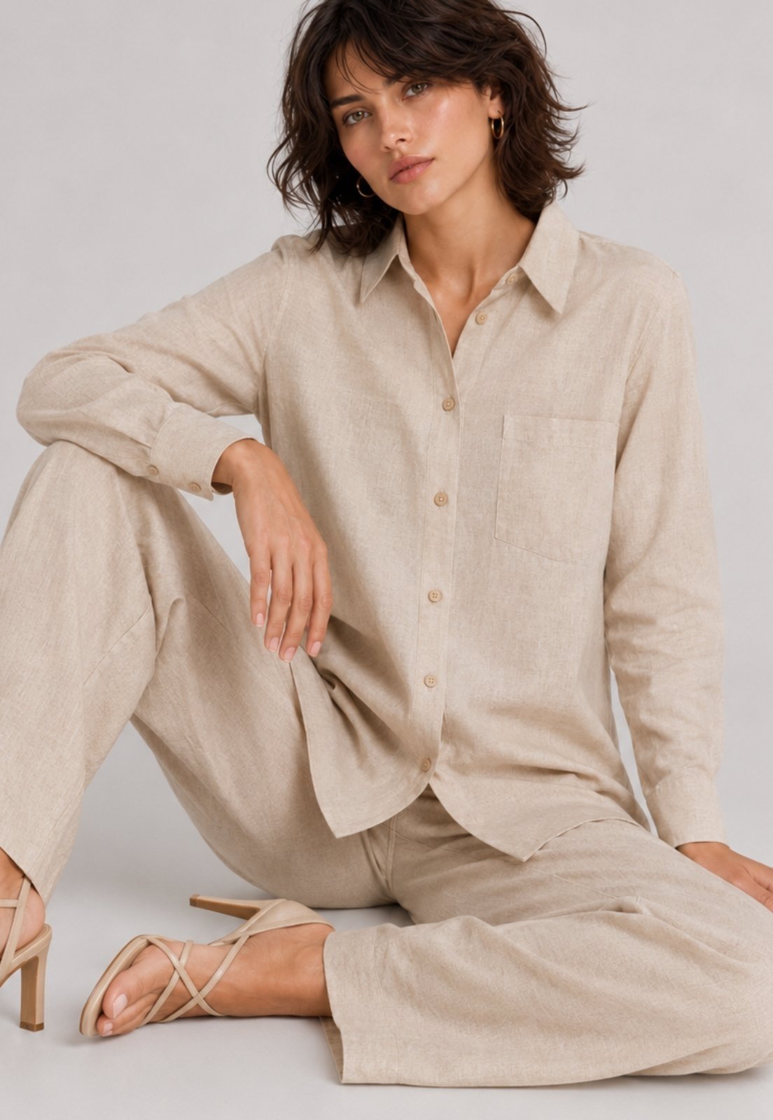 Conjunto Feminino Camisa e Calça Pantalona Salvatore Bege