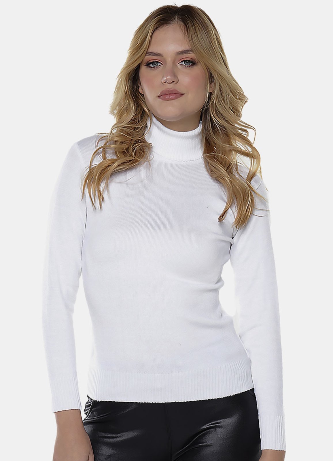 Blusa de Tricot Gola Alta Branca Sob Manga Longa Justa