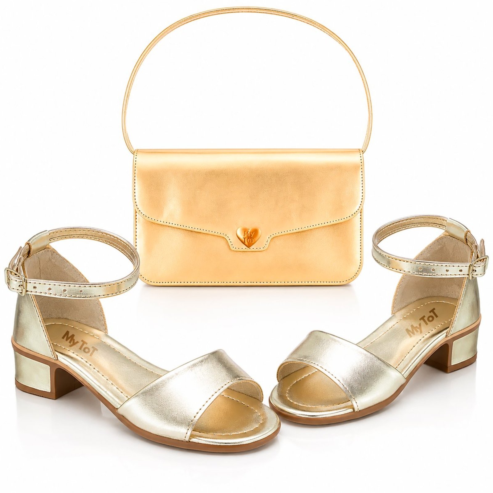 Infantil - Kit Sandalia Saltinho Baixo e Bolsinha Lateral Dourada Pepite