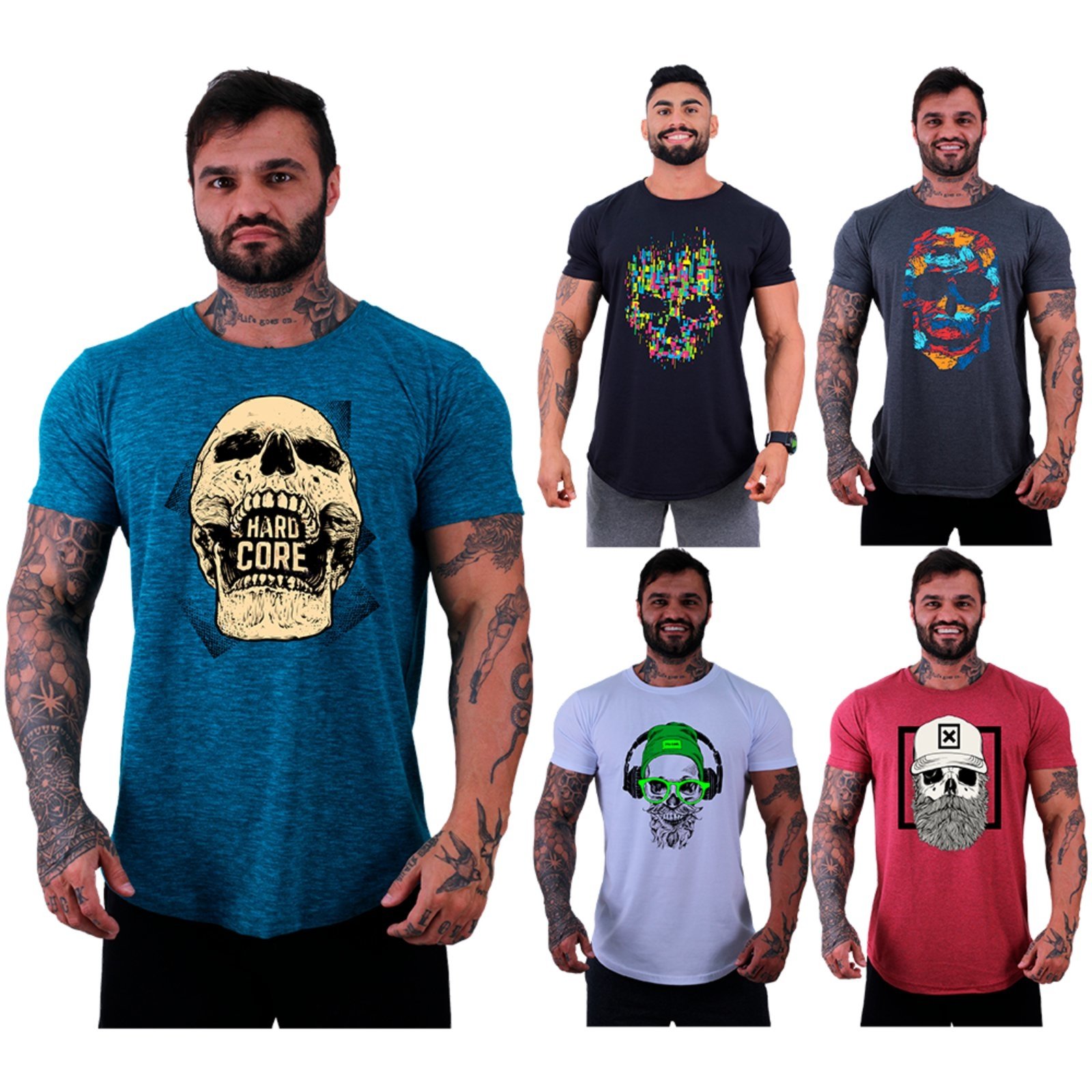 Kit 5 Camiseta Longline Masculina Alto Conceito Slim Azul, Preto, Grafite, Branco e Mescla Vermelho Caveiras