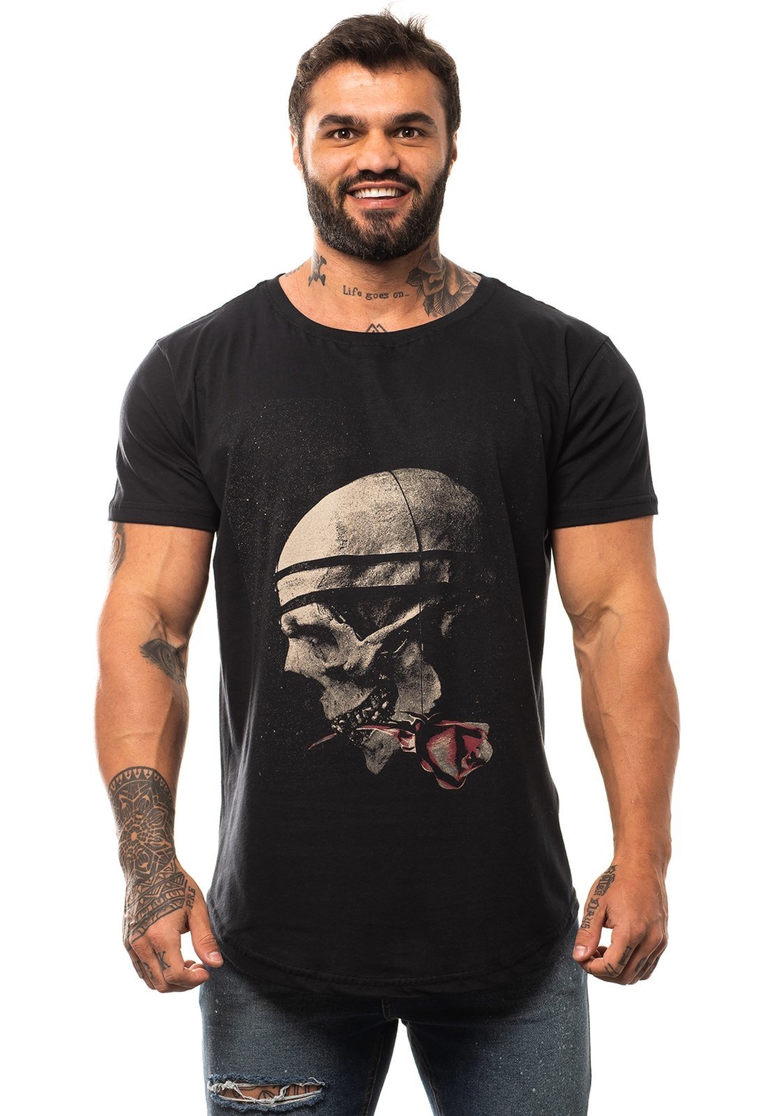 Camiseta Longline Masculina MXD Conceito para Academia e Casual Skull And Rose Preto Meia Malha