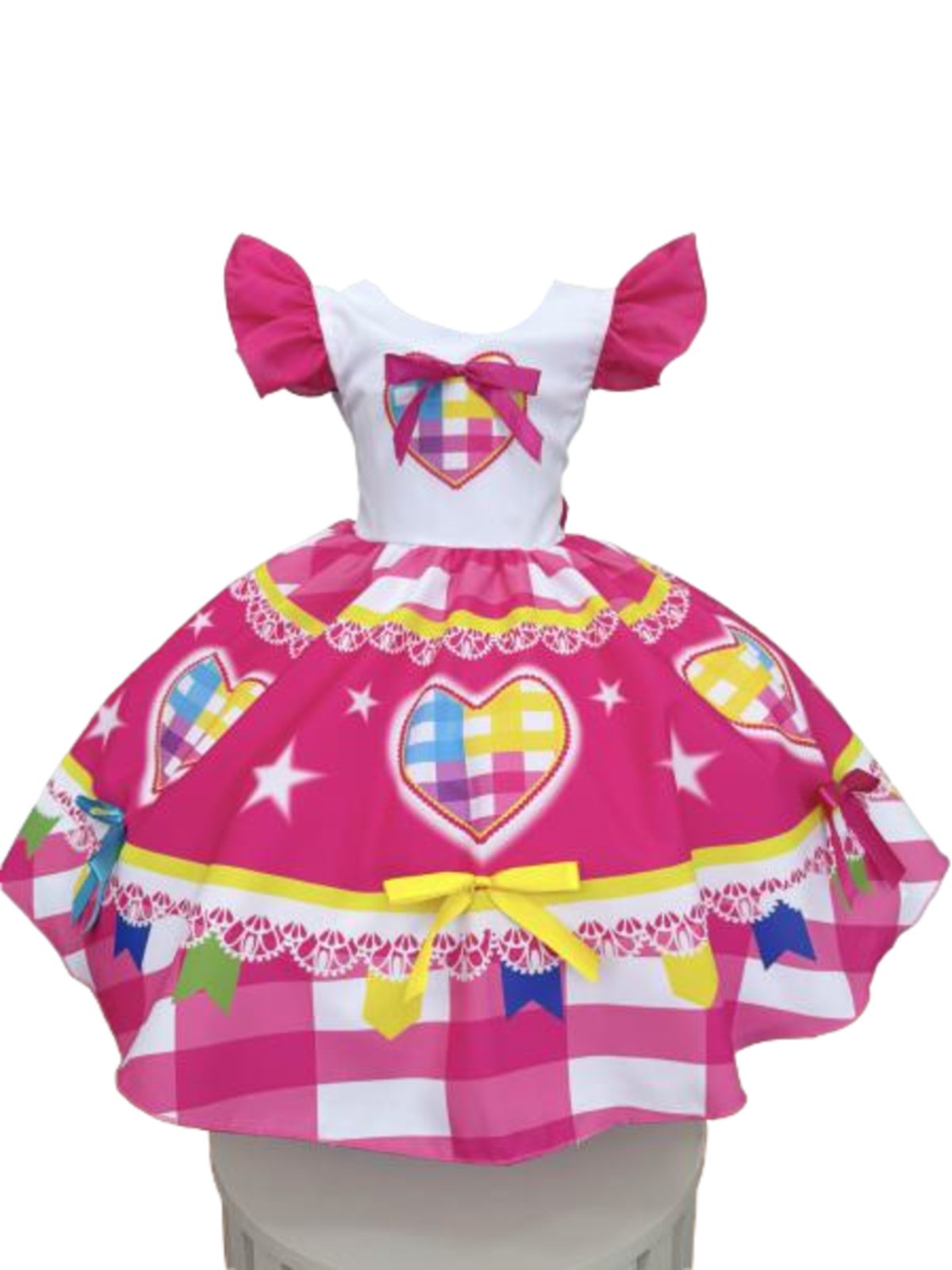 Infantil - Vestido Xadrez Festa Junina Rosa Pink Coração Laços Junino Caipira Quadrilha Sinhá São João