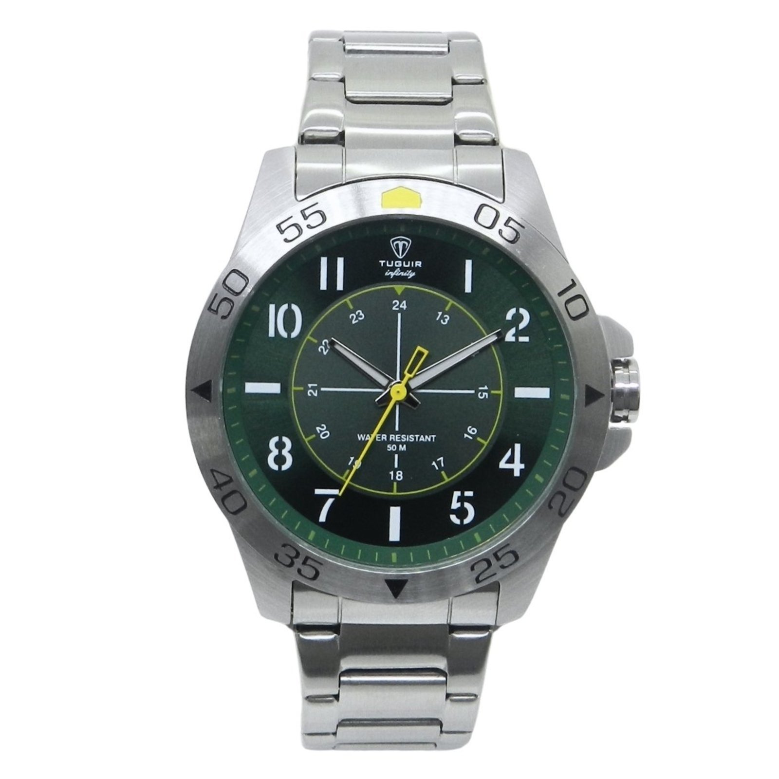Relógio Masculino de Aço Tuguir Analógico Infinity 9167F Prata e Verde e Amarelo