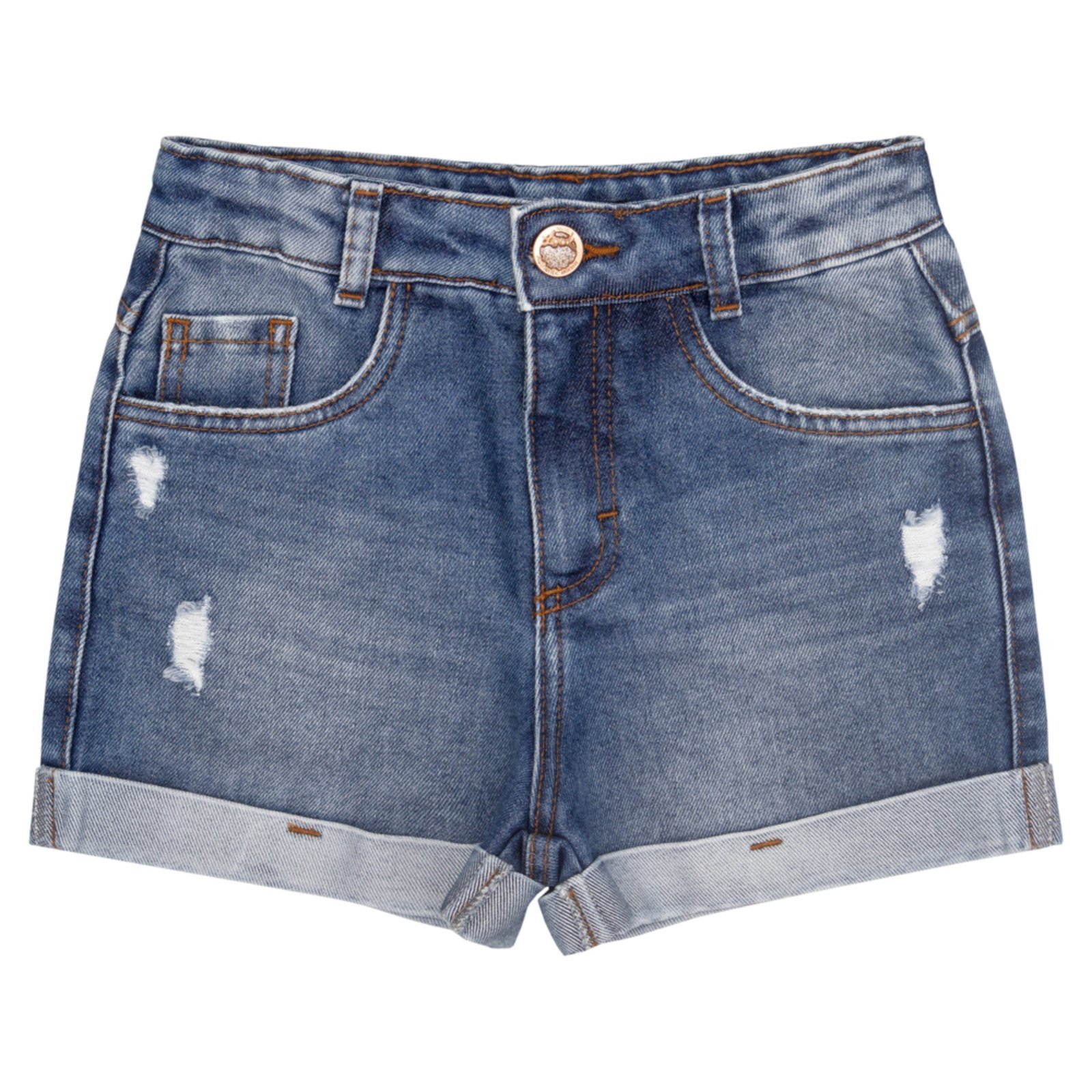 Vista 2 Infantil - Shorts Juvenil Look Jeans Barra Dobrada Jeans azul Look Jeans azul