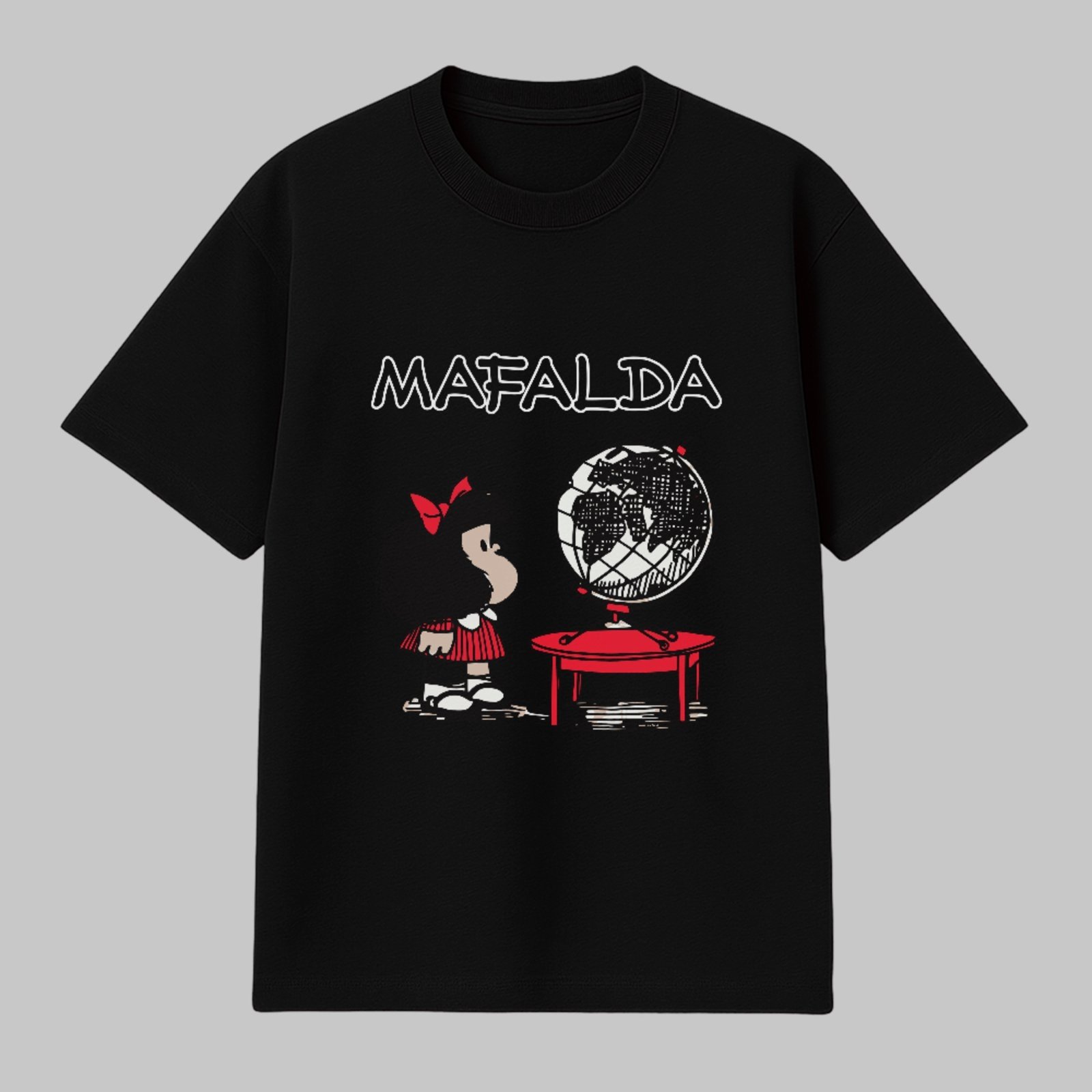 Camiseta Básica Pensamento Global Icônico Mafalda Desenho Clássico Unissex Preto