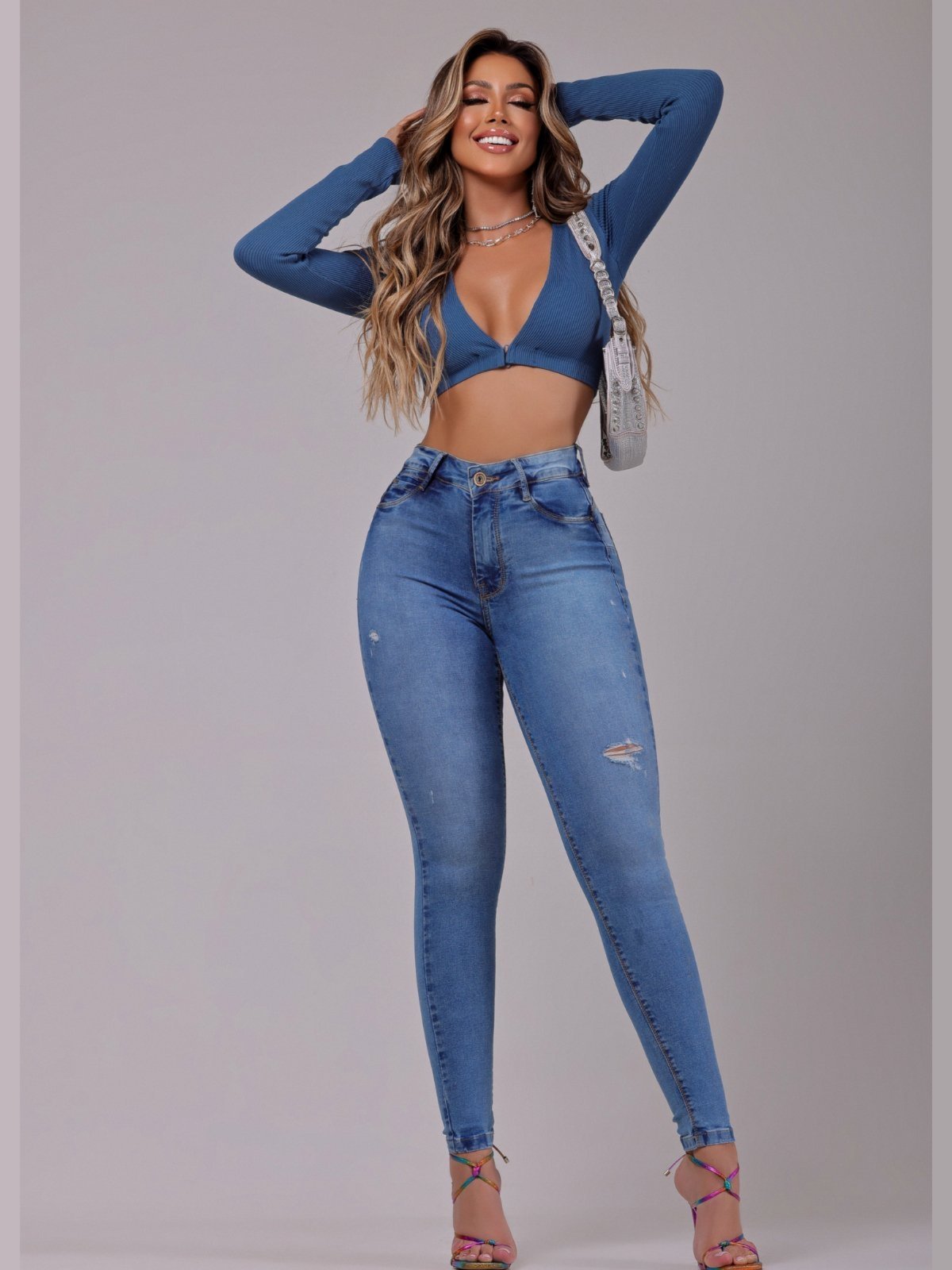 Calça Jeans Panicat Modeladora Feminina Skinny Empina Bumbum Azul PN011060
