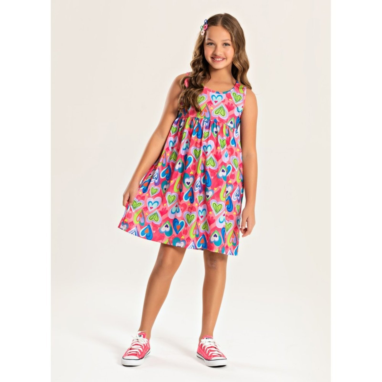 Infantil – Vestido Molekada Regata Verão Menina Rosa Corações Vibrantes
