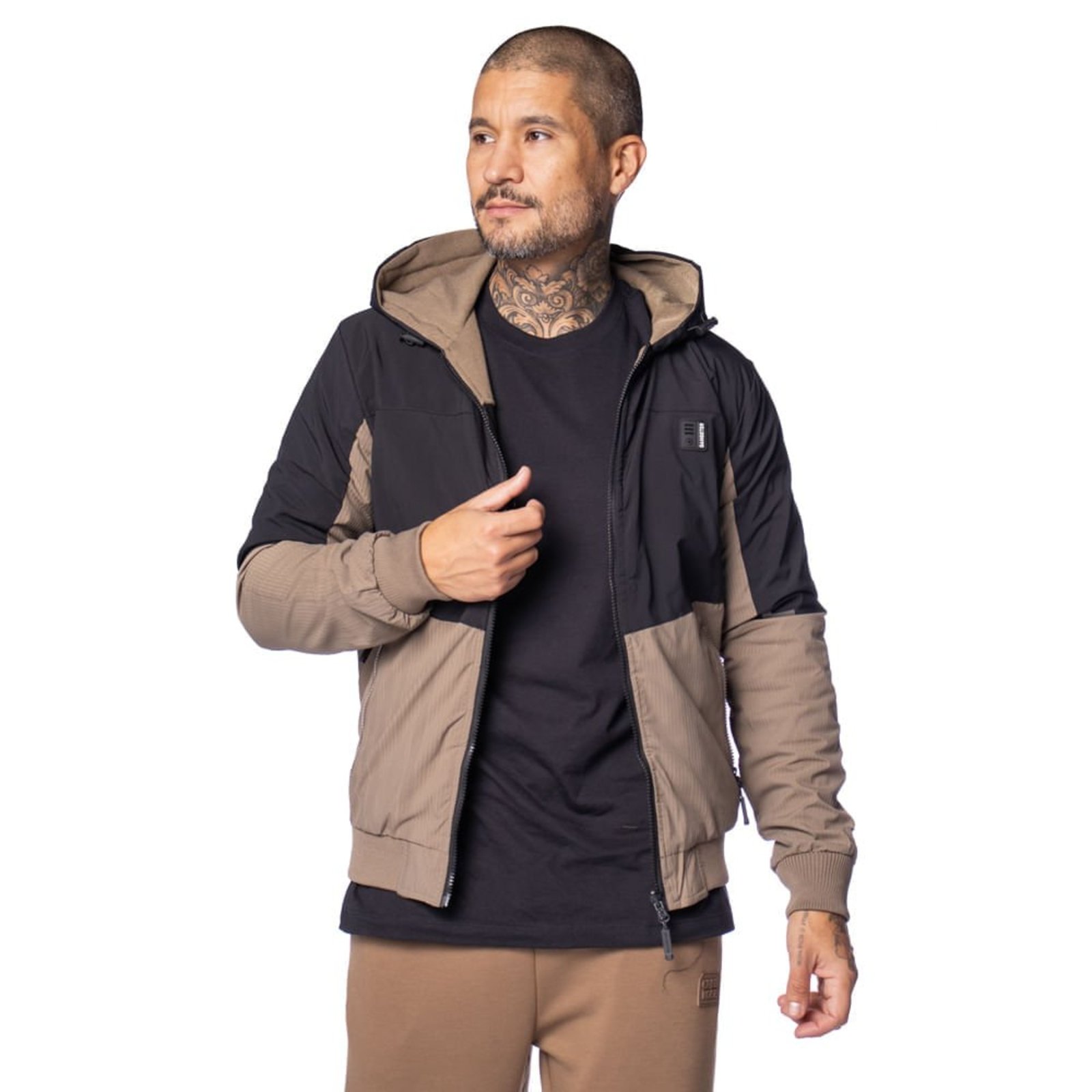 Jaqueta Masculina Gangster Dupla Face Recortes Preto/Bege