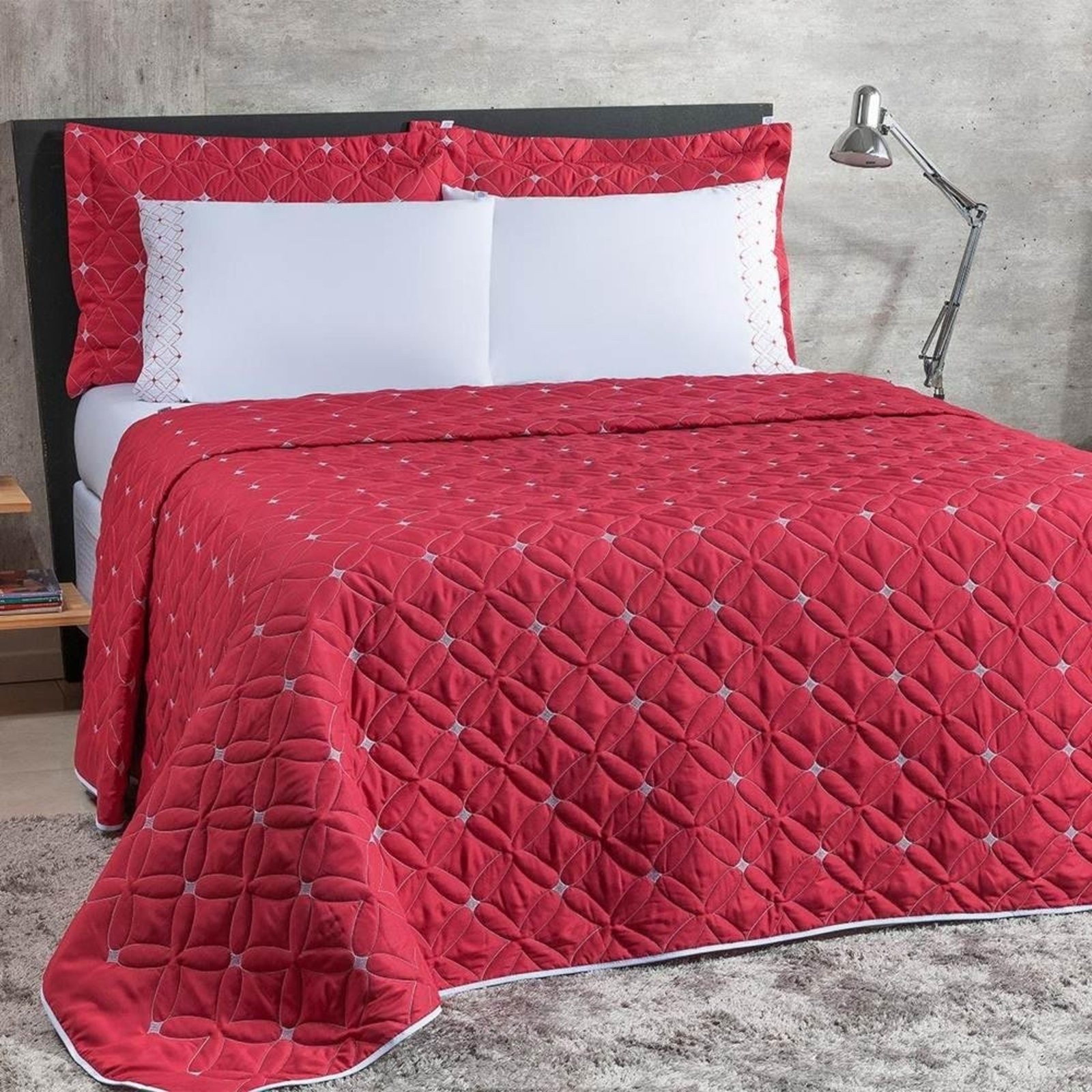 Cobre Leito Casal Padrão Ideale 200 Fios Bordado 6 Peças - Vermelho