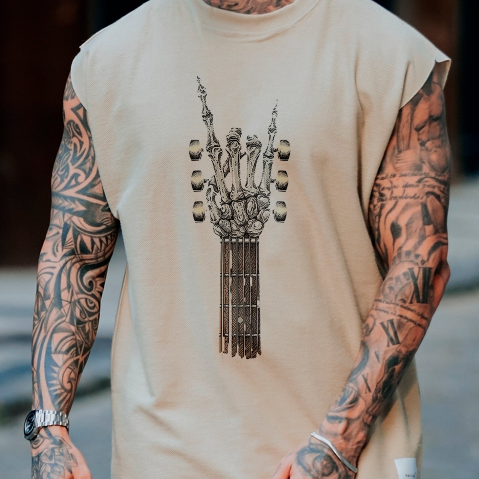 Camiseta Regata Machão Guitarra Caveira Rock Metal Off White