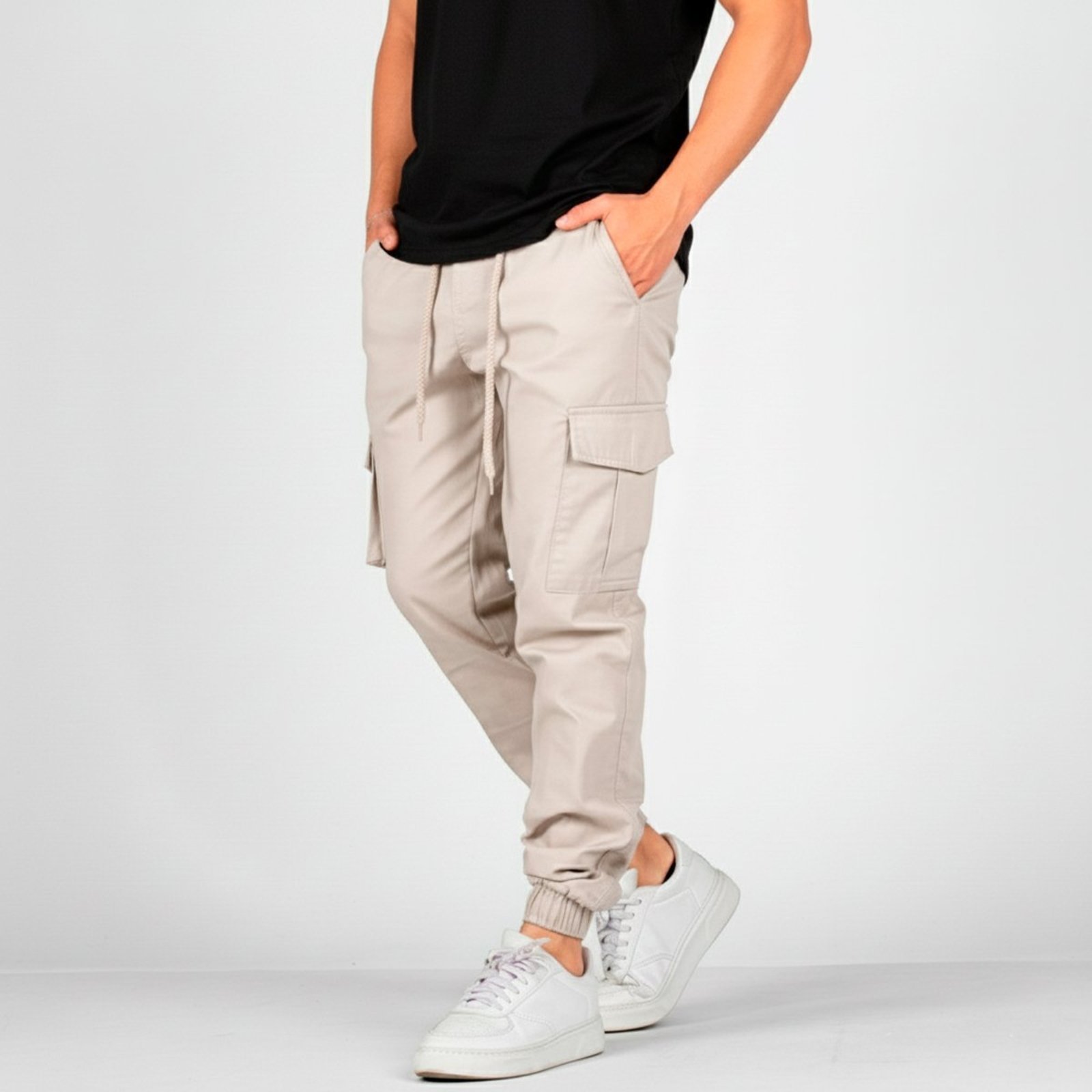 Calça Jogger Cargo Masculina Elástico Punho Bege Claro