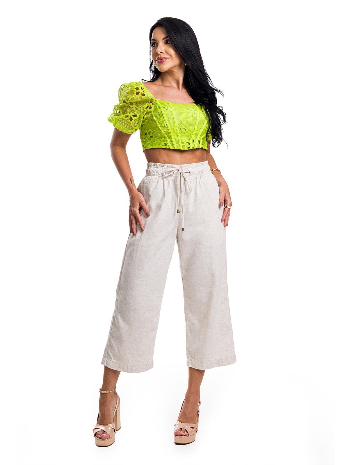 Bermuda Calça Pantacourt Restrito Jeans Cós Elástico – BEGE