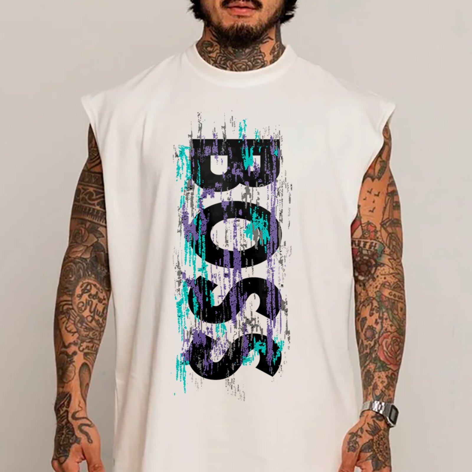 Camiseta Regata Machão Boss Vertical Street Style Moda Urbana Branco