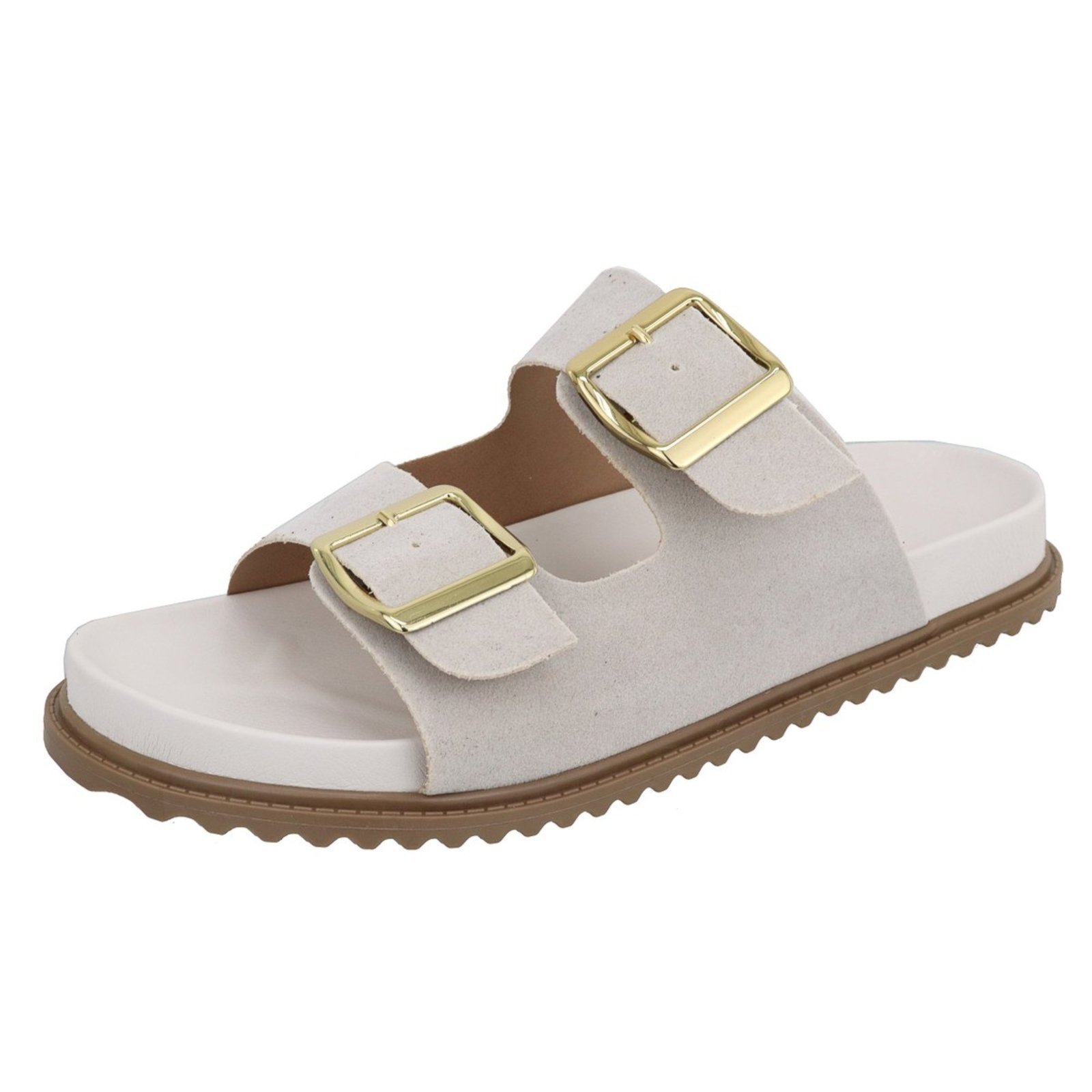 Papete Rasteira Feminina Paula B Em Camurça Com Detalhe Em Fivela De Metal Dourado Palmilha Confort Off White