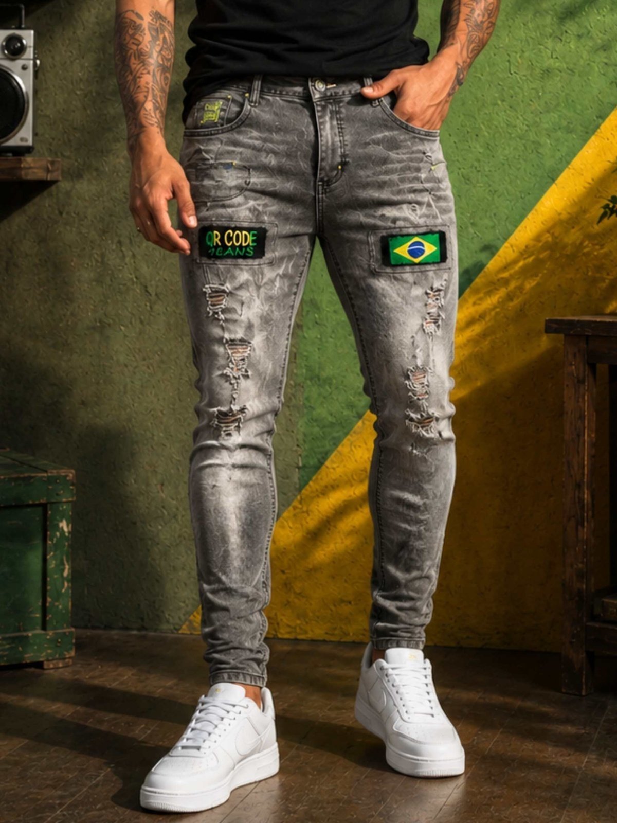 Calça Jeans Masculina Skinny Destroyed Grafite Com Patch Brasil