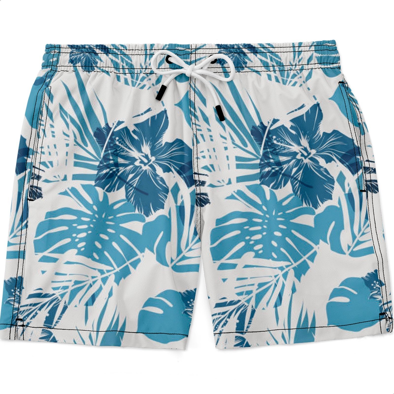 Shorts Masculino Tactel e Elastano Estampado Leve c/ Elástico e Cordão Ajustável na Cintura Bolsos Laterais e Secagem Rápida Uso Casual Treino Academia Flores Azuis e Branco
