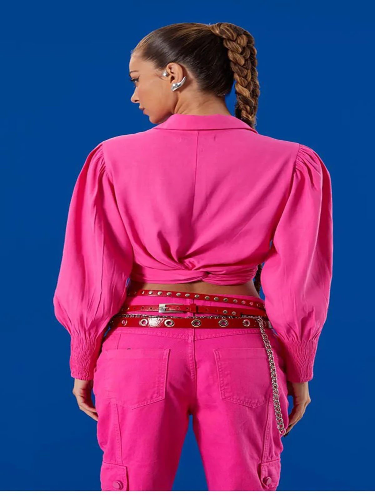 Vista 3 Blusa Cropped Open Com Amarração rosa Open rosa
