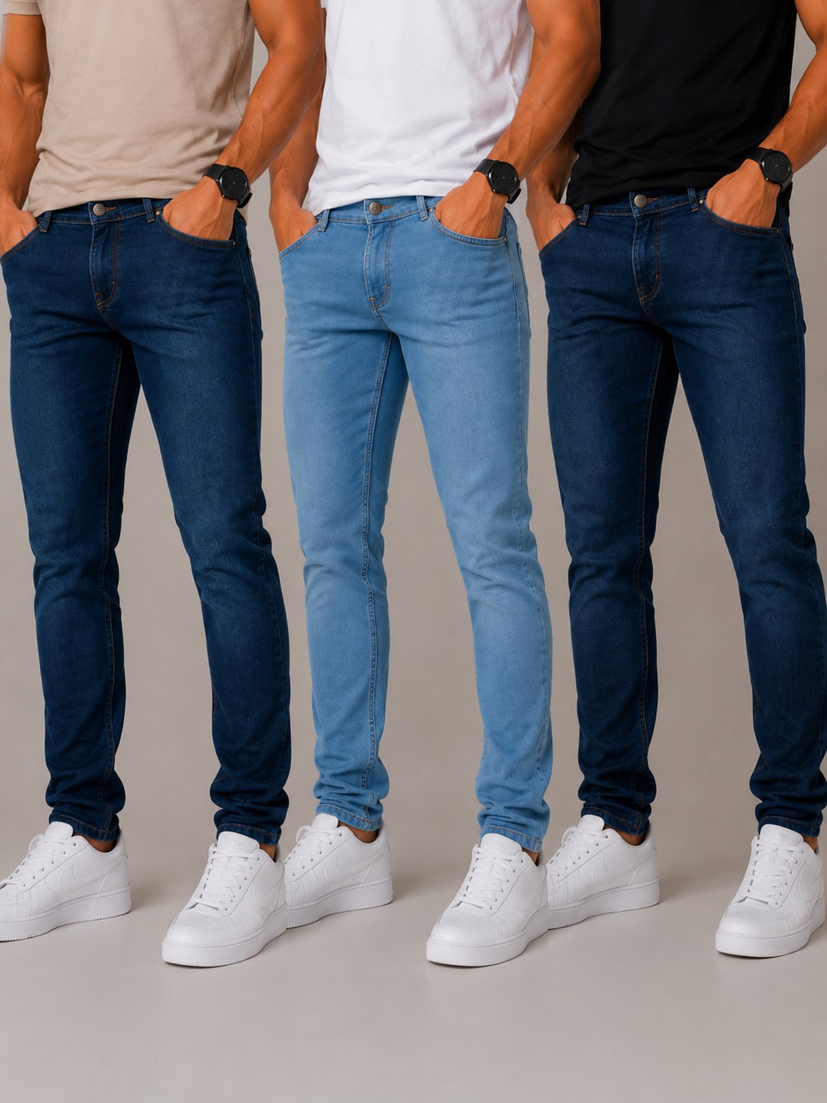 Kit 3 Calças Jeans Slim Masculinas Tex Jeans Premium com Elastano Azul Escura+ Delavê