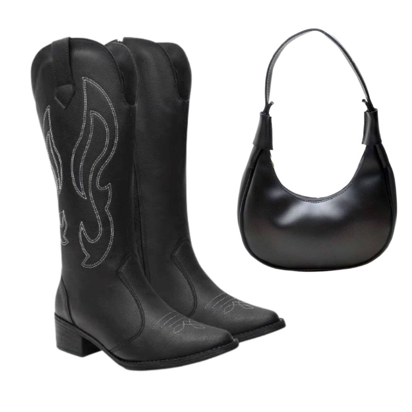 Kit Bota Feminina Cano Alto Anna Andrade Texana Salto Baixo Moda Country Bolsa Ombro Preto