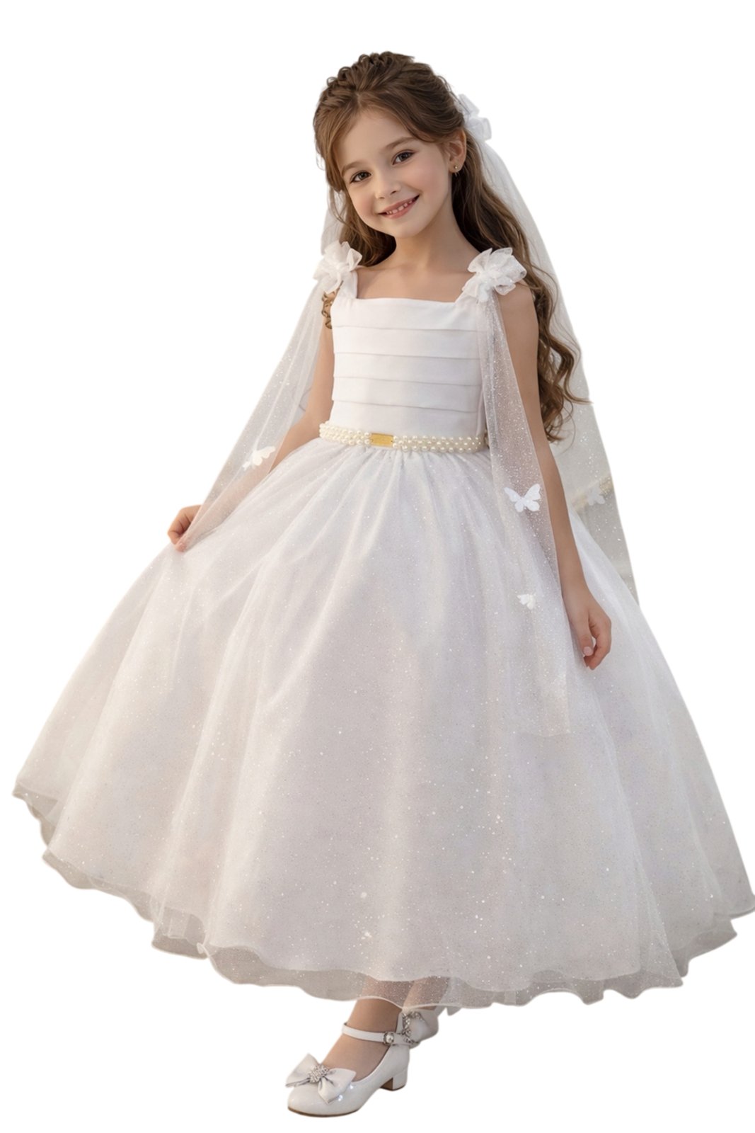 Infantil - Vestido Festa Longo Branco Formatura Casamento Dama Daminha Borboletas Social Menina Juvenil Pérolas Juvenil Princesa Rodado Florista Aniversário Luxo